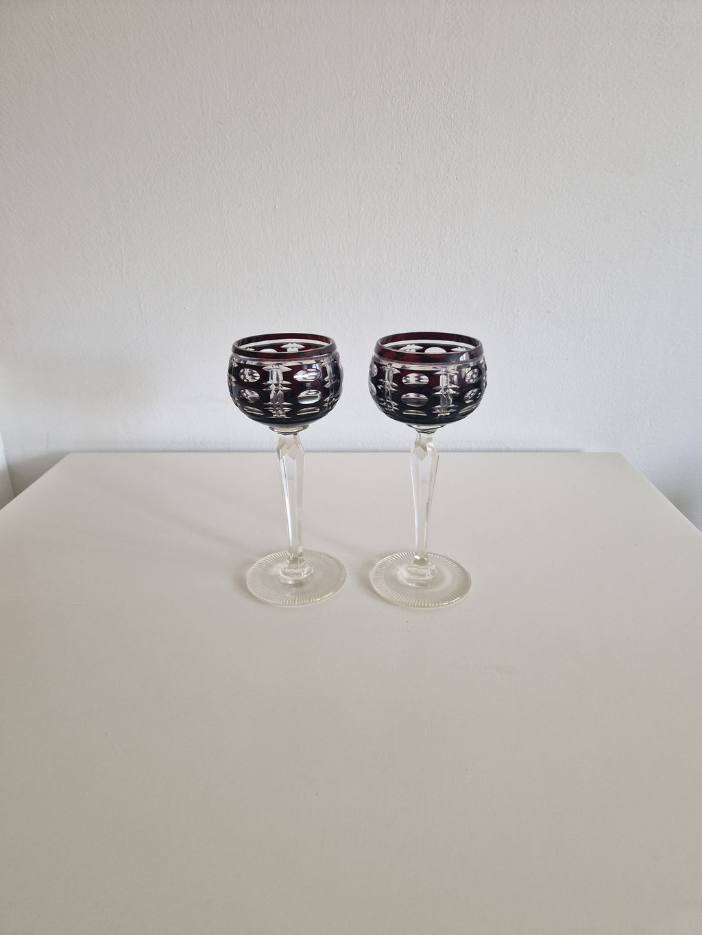 Pair of Vintage Anna Hütte Austrian Cut Crystal Wine Glasses — Deep Burgundy Overlay