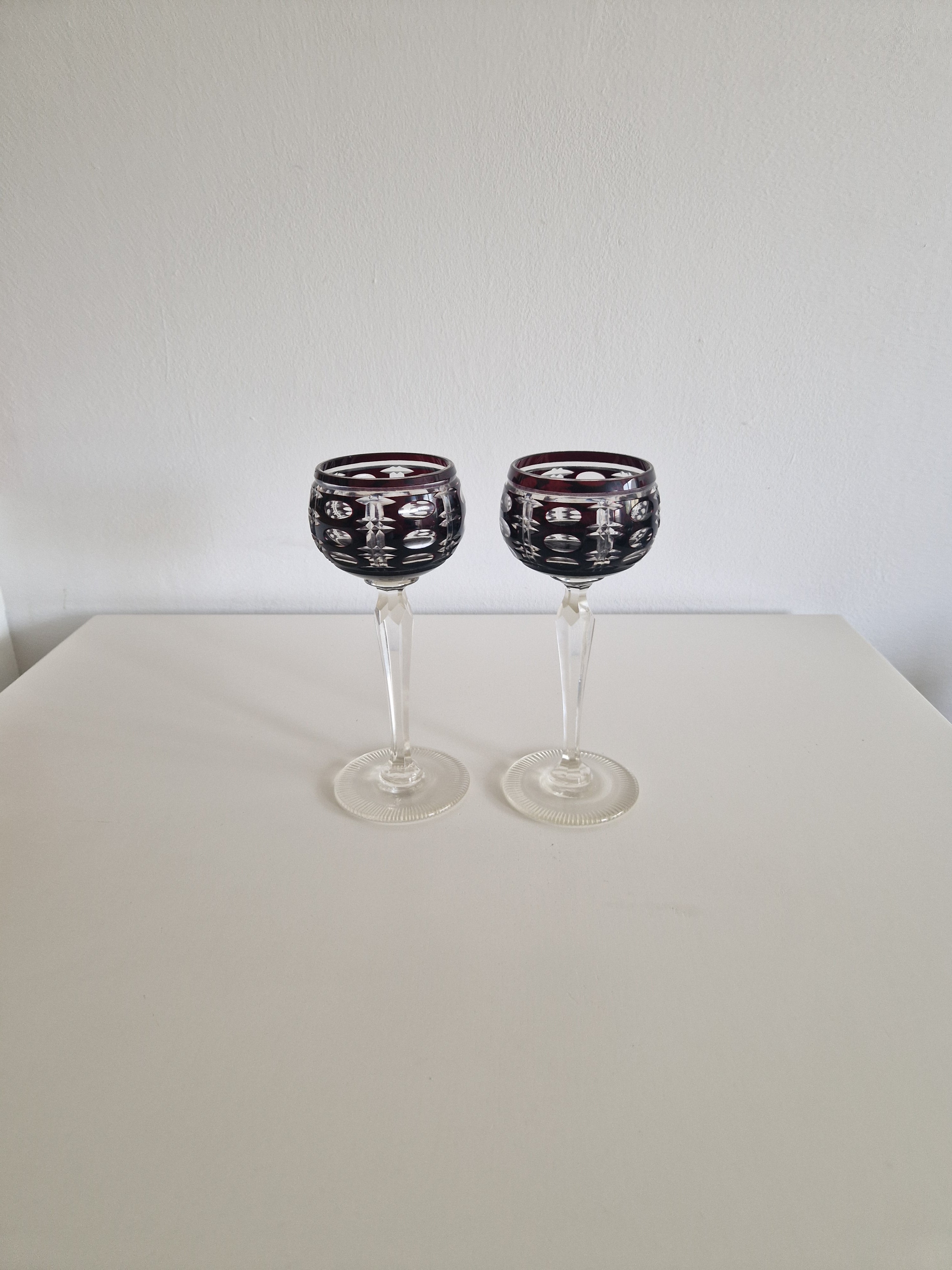 Pair of Vintage Anna Hütte Austrian Cut Crystal Wine Glasses — Deep Burgundy Overlay