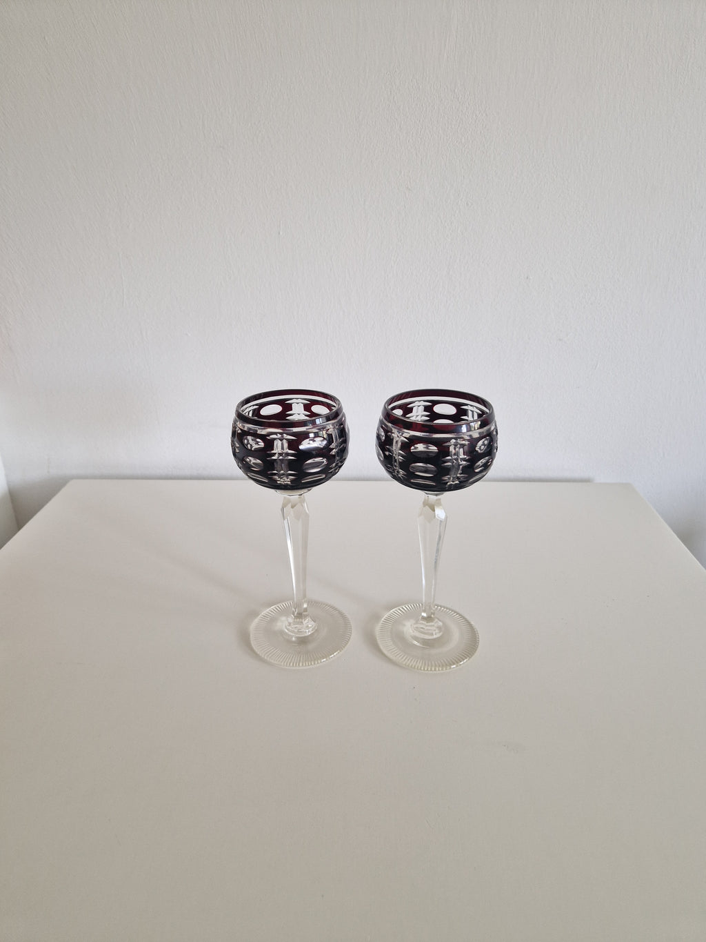 Pair of Vintage Anna Hütte Austrian Cut Crystal Wine Glasses — Deep Burgundy Overlay