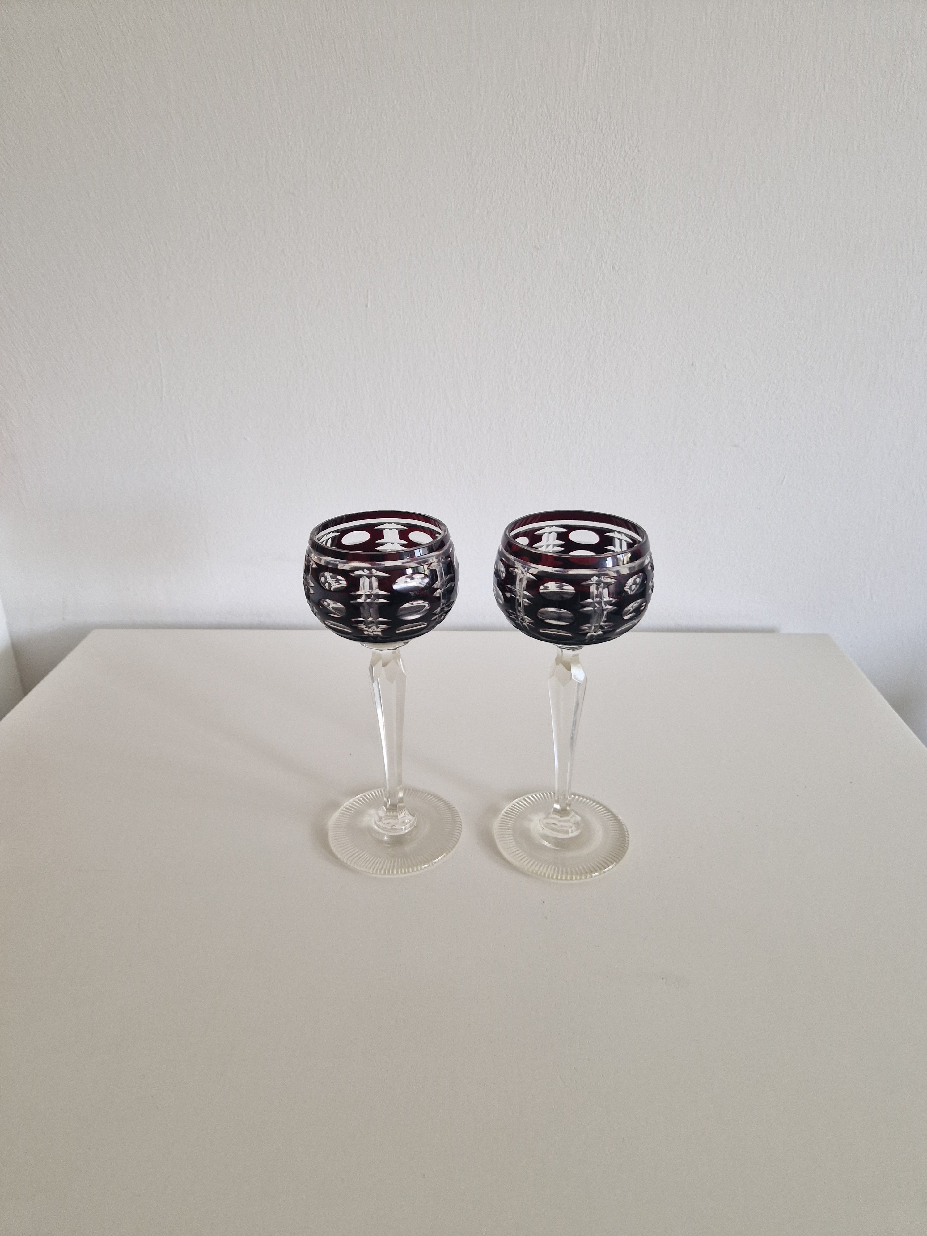 Pair of Vintage Anna Hütte Austrian Cut Crystal Wine Glasses — Deep Burgundy Overlay