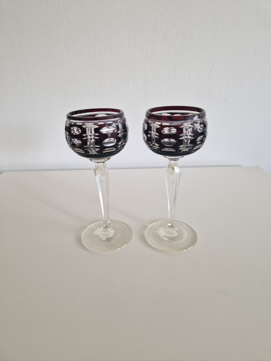 Pair of Vintage Anna Hütte Austrian Cut Crystal Wine Glasses — Deep Burgundy Overlay