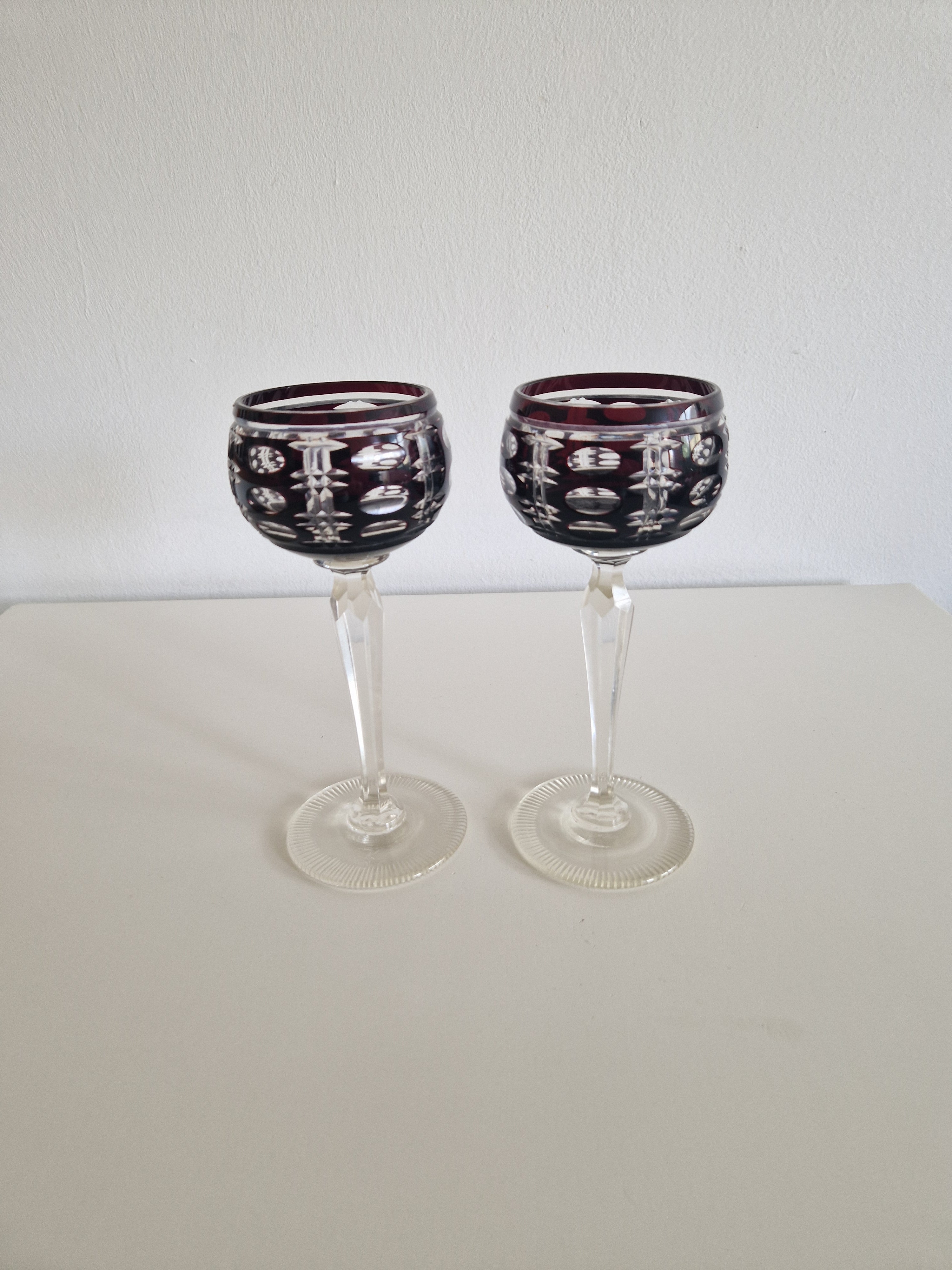 Pair of Vintage Anna Hütte Austrian Cut Crystal Wine Glasses — Deep Burgundy Overlay