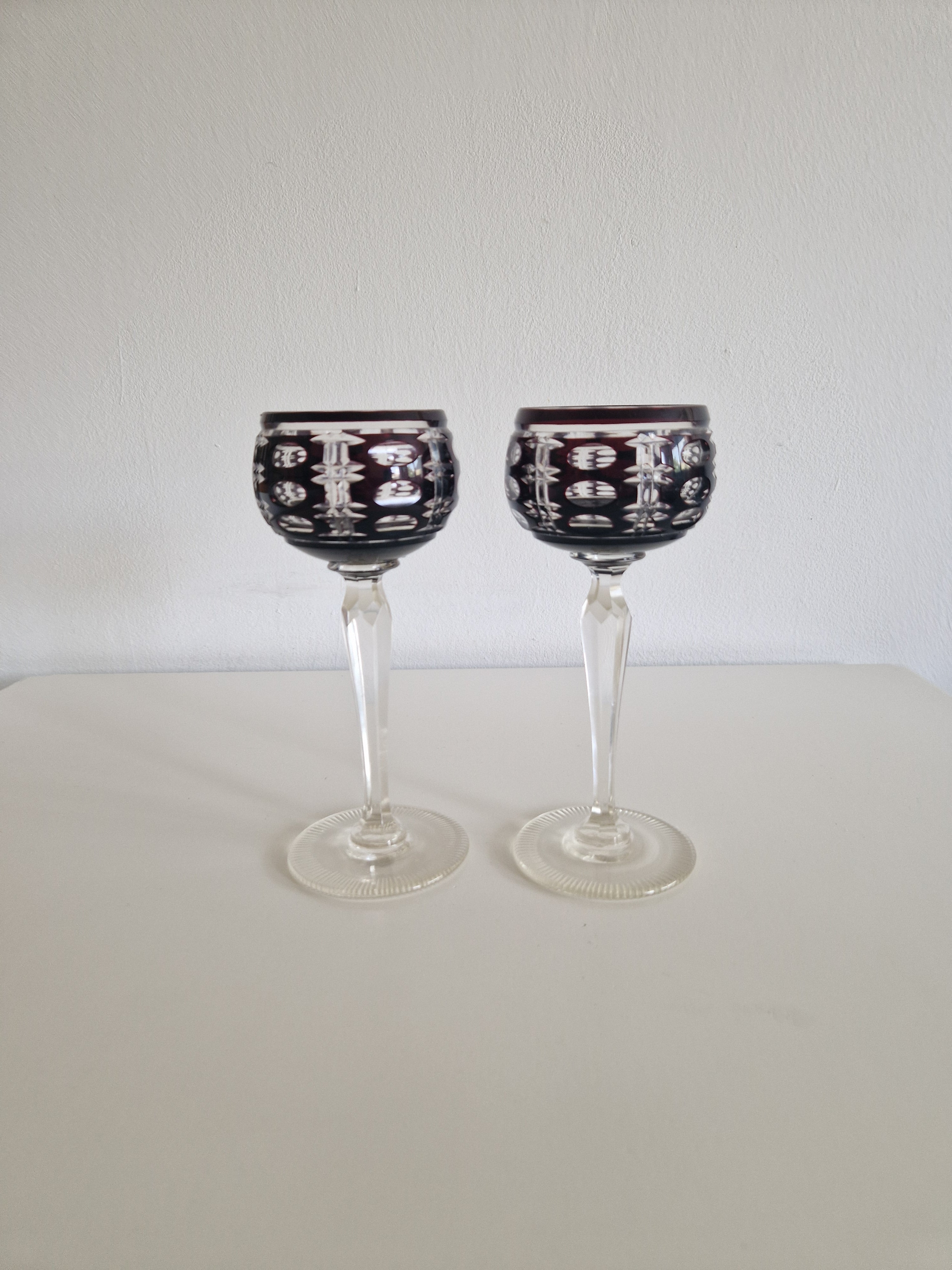 Pair of Vintage Anna Hütte Austrian Cut Crystal Wine Glasses — Deep Burgundy Overlay