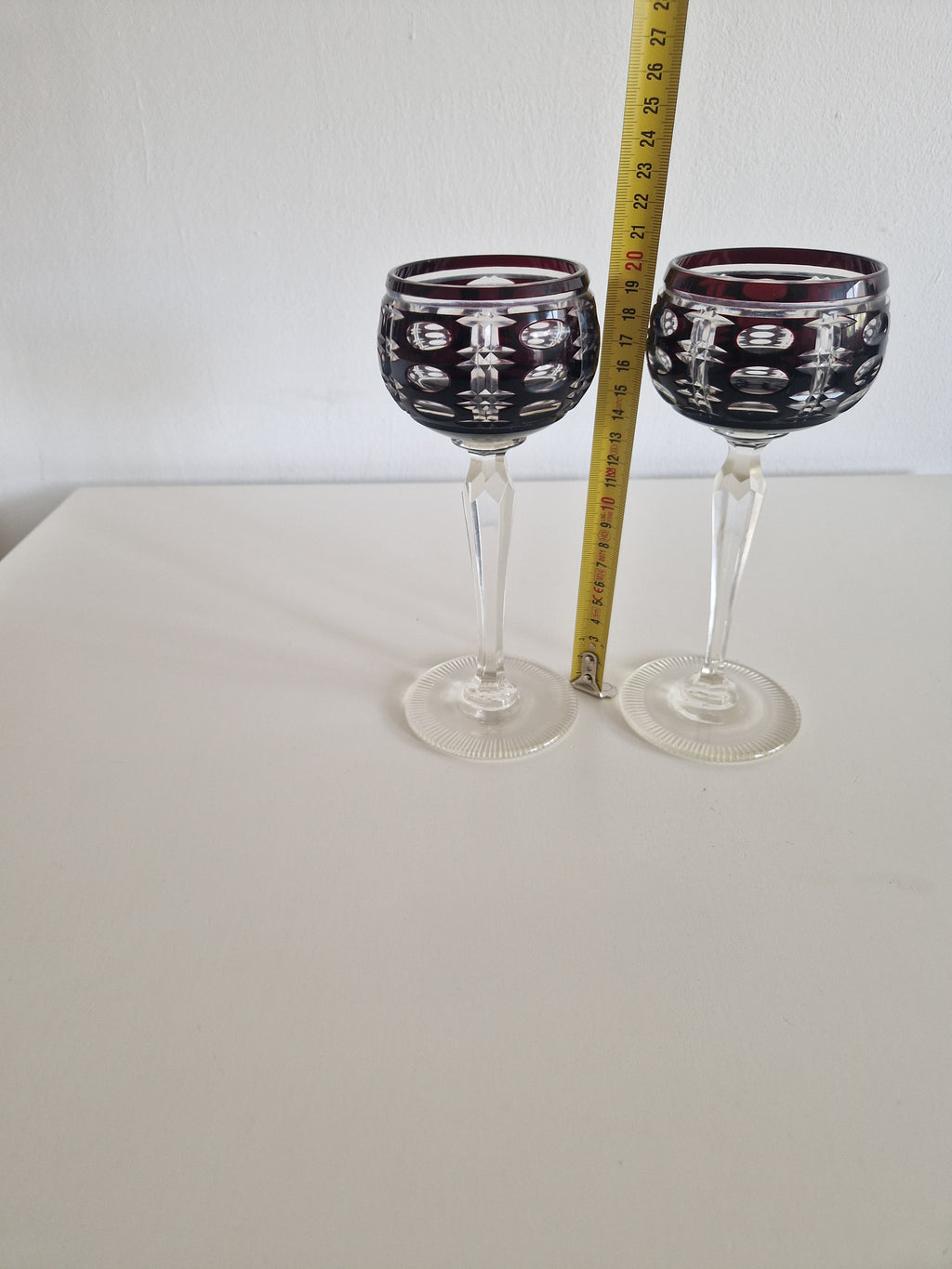 Pair of Vintage Anna Hütte Austrian Cut Crystal Wine Glasses — Deep Burgundy Overlay