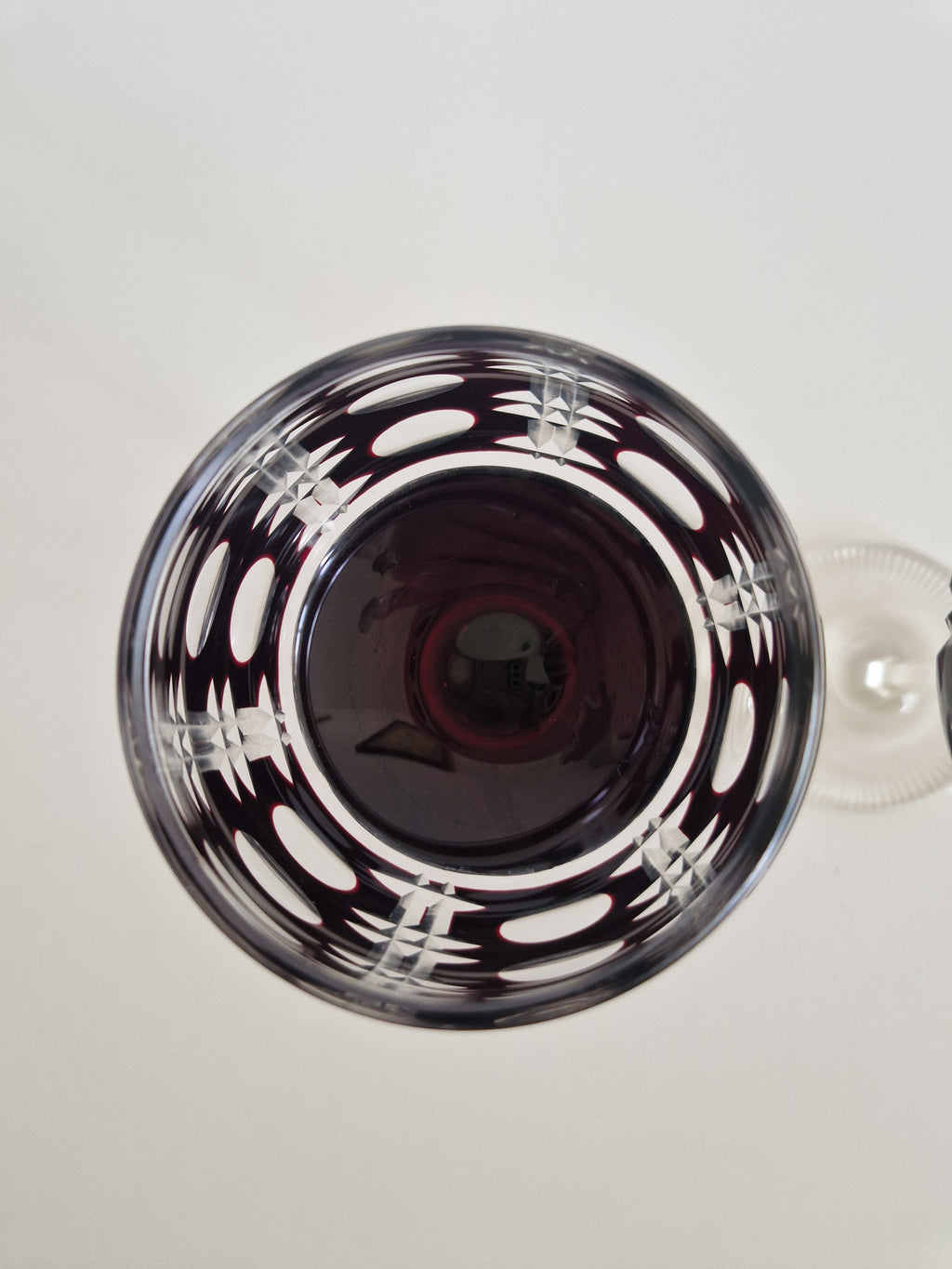 Pair of Vintage Anna Hütte Austrian Cut Crystal Wine Glasses — Deep Burgundy Overlay