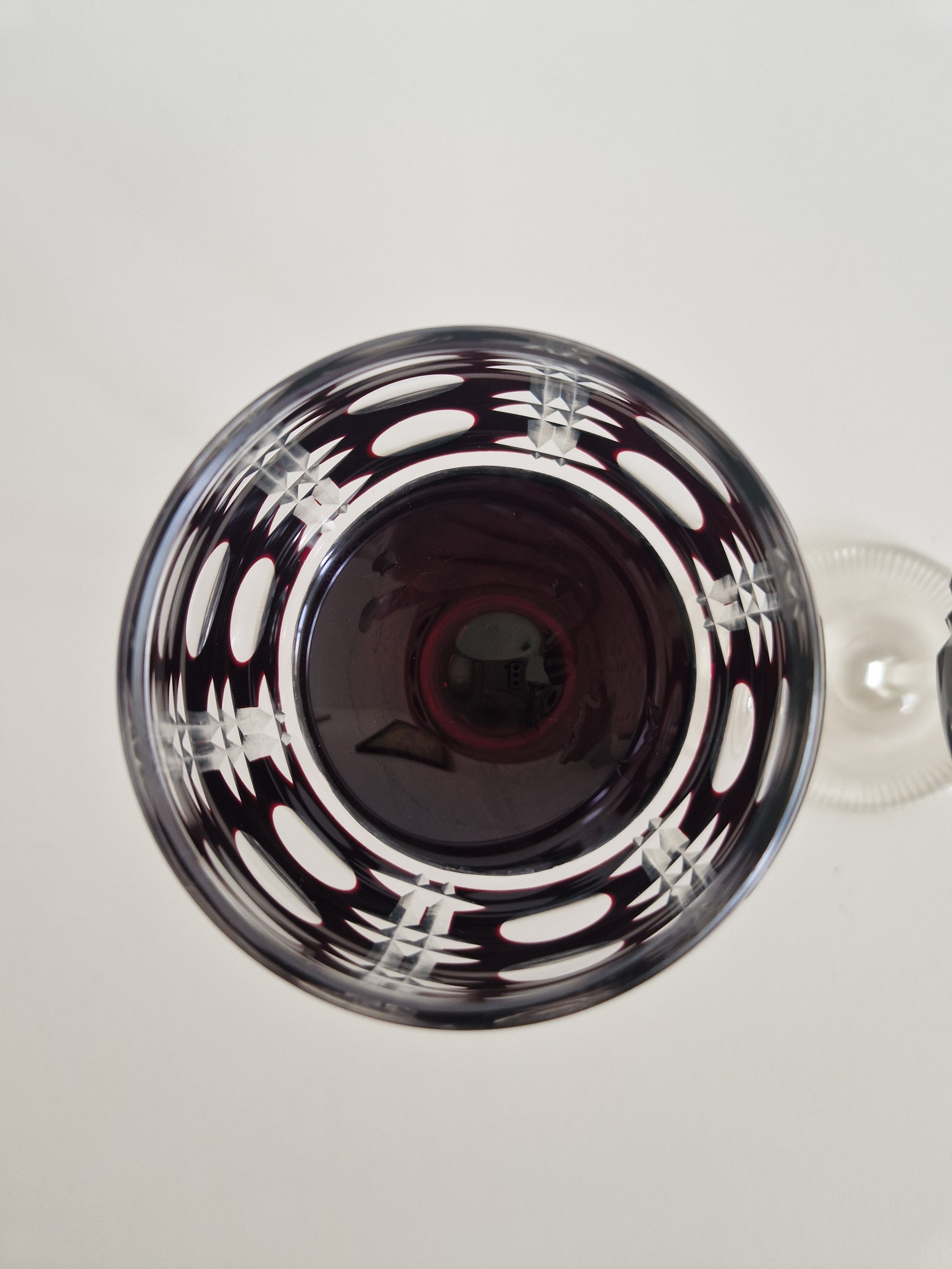 Pair of Vintage Anna Hütte Austrian Cut Crystal Wine Glasses — Deep Burgundy Overlay