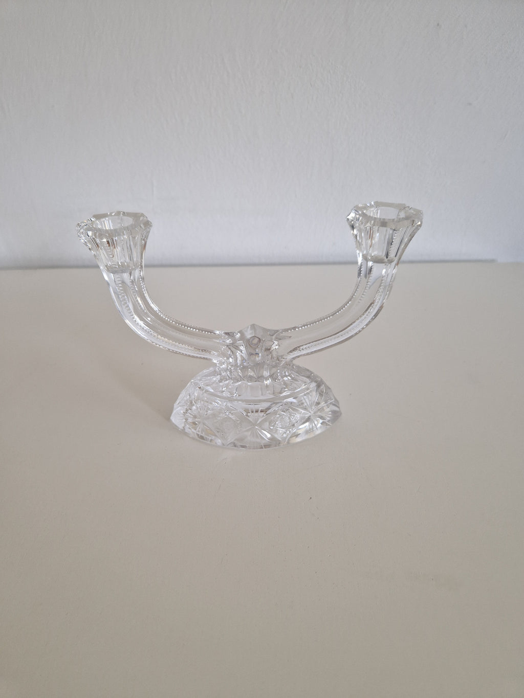 Vintage Hand-Cut Crystal Double Candelabra – Star & Fan Cut Base, Two-Arm Candlestick, 14 cm