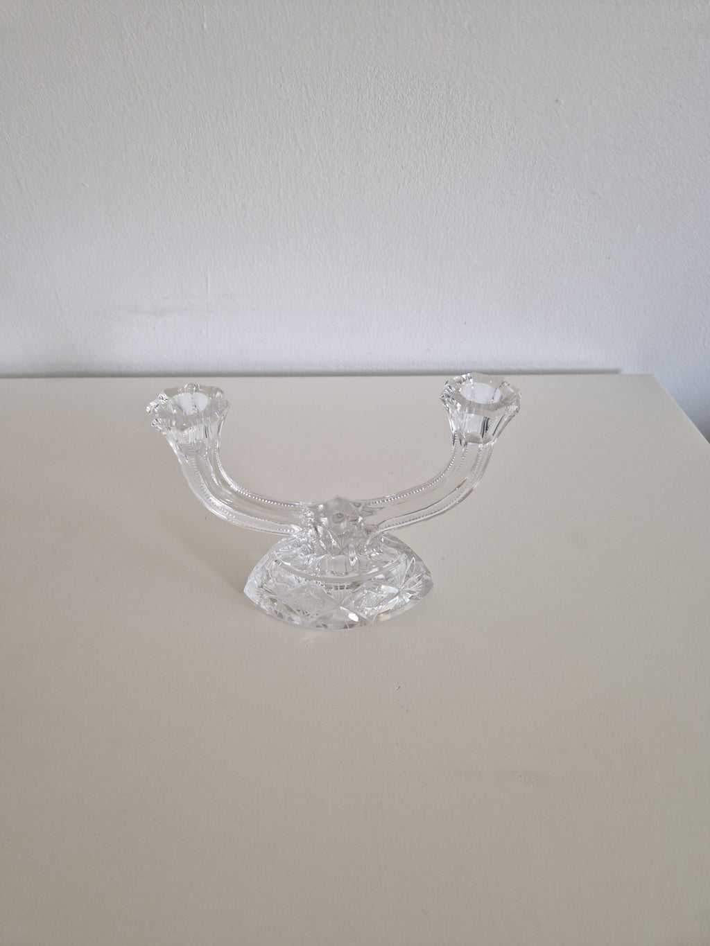 Vintage Hand-Cut Crystal Double Candelabra – Star & Fan Cut Base, Two-Arm Candlestick, 14 cm