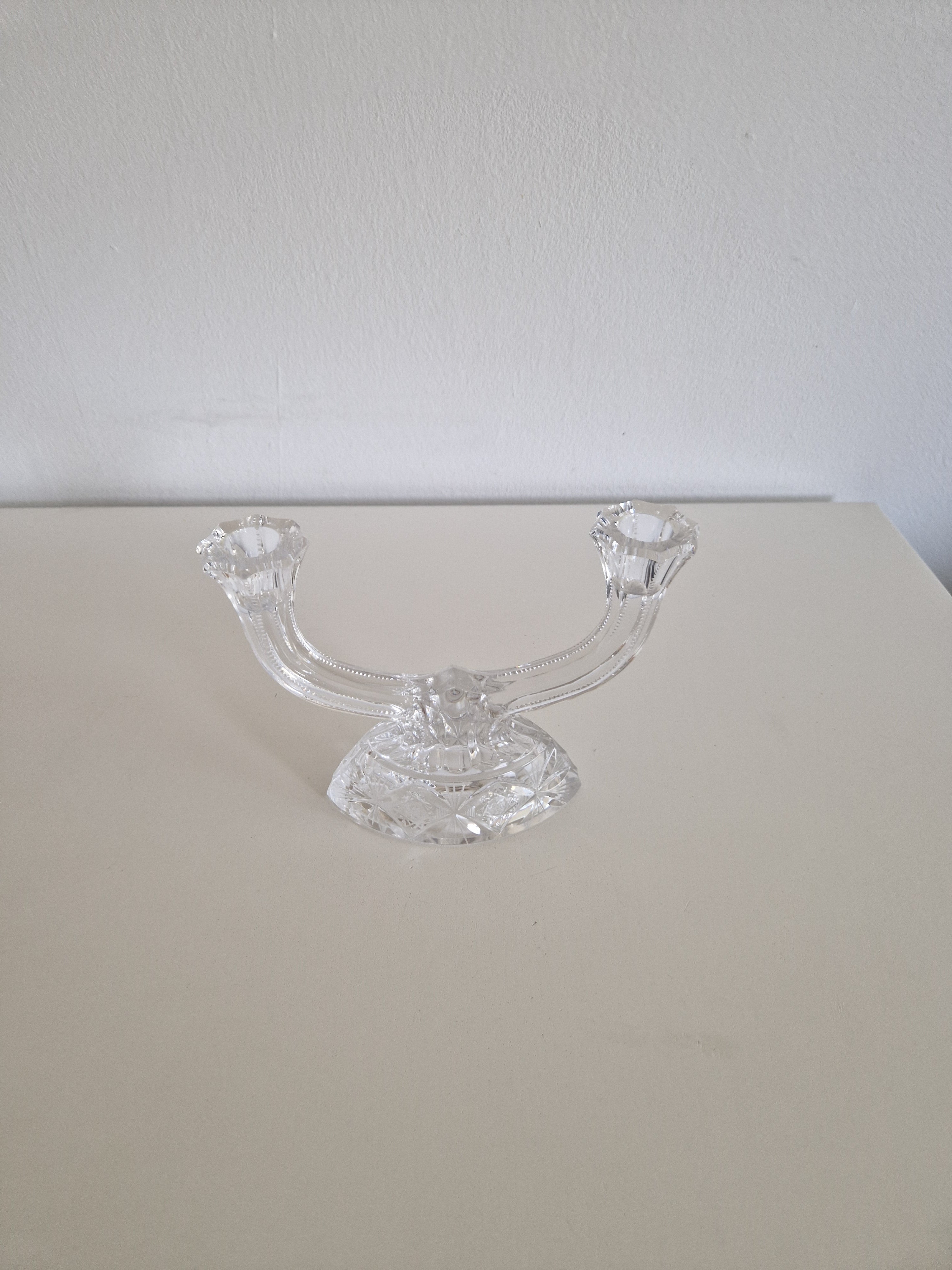 Vintage Hand-Cut Crystal Double Candelabra – Star & Fan Cut Base, Two-Arm Candlestick, 14 cm