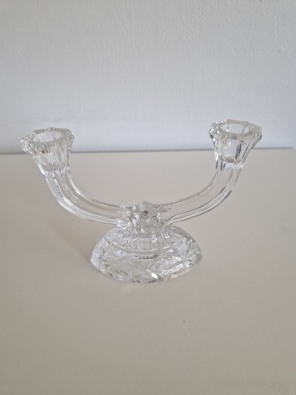 Vintage Hand-Cut Crystal Double Candelabra – Star & Fan Cut Base, Two-Arm Candlestick, 14 cm