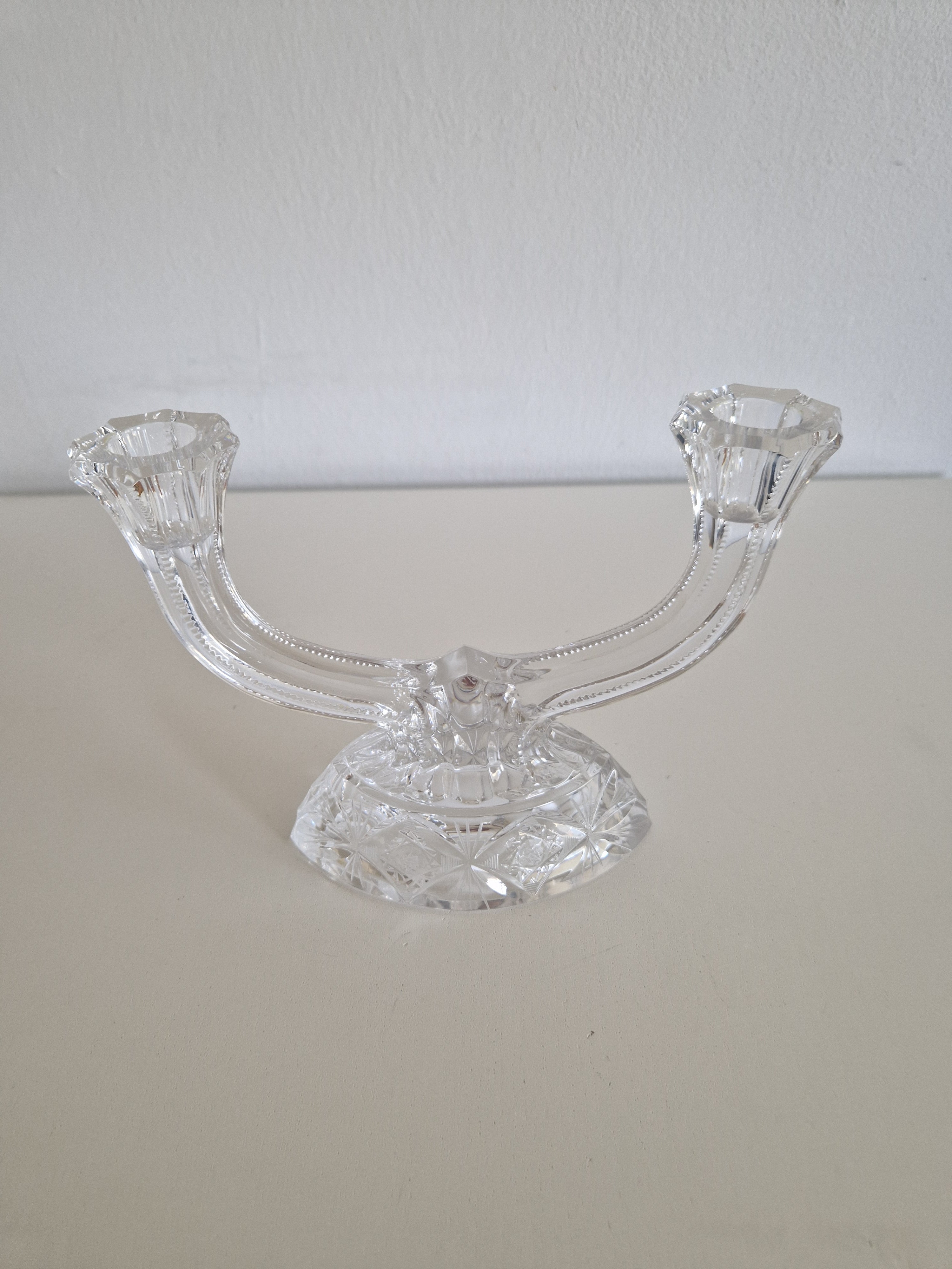 Vintage Hand-Cut Crystal Double Candelabra – Star & Fan Cut Base, Two-Arm Candlestick, 14 cm