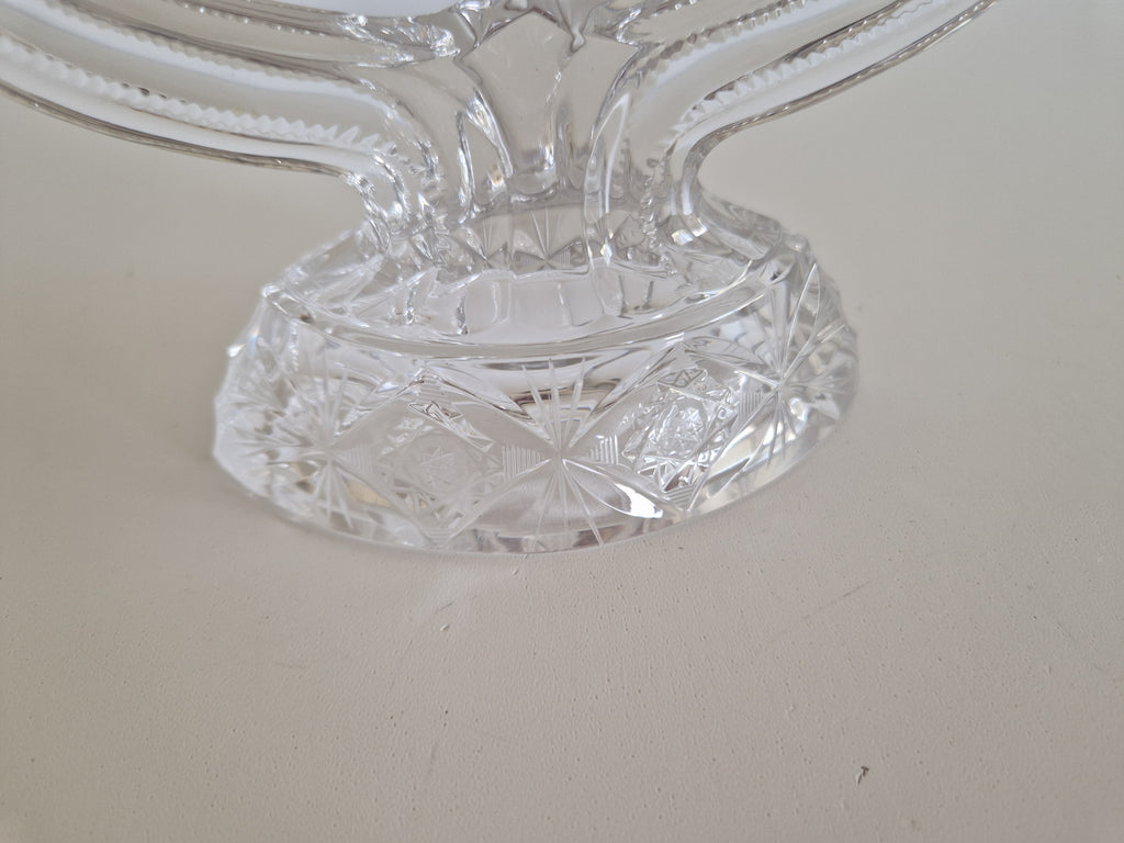Vintage Hand-Cut Crystal Double Candelabra – Star & Fan Cut Base, Two-Arm Candlestick, 14 cm
