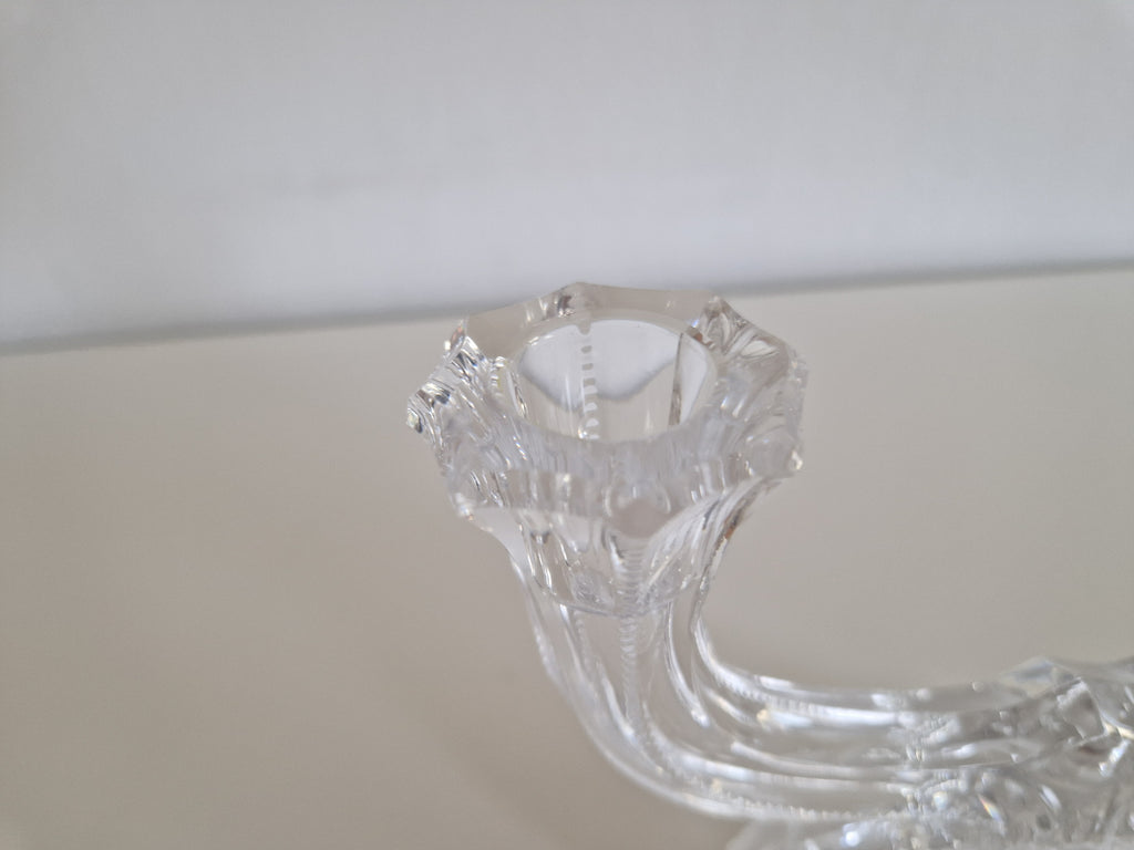 Vintage Hand-Cut Crystal Double Candelabra – Star & Fan Cut Base, Two-Arm Candlestick, 14 cm