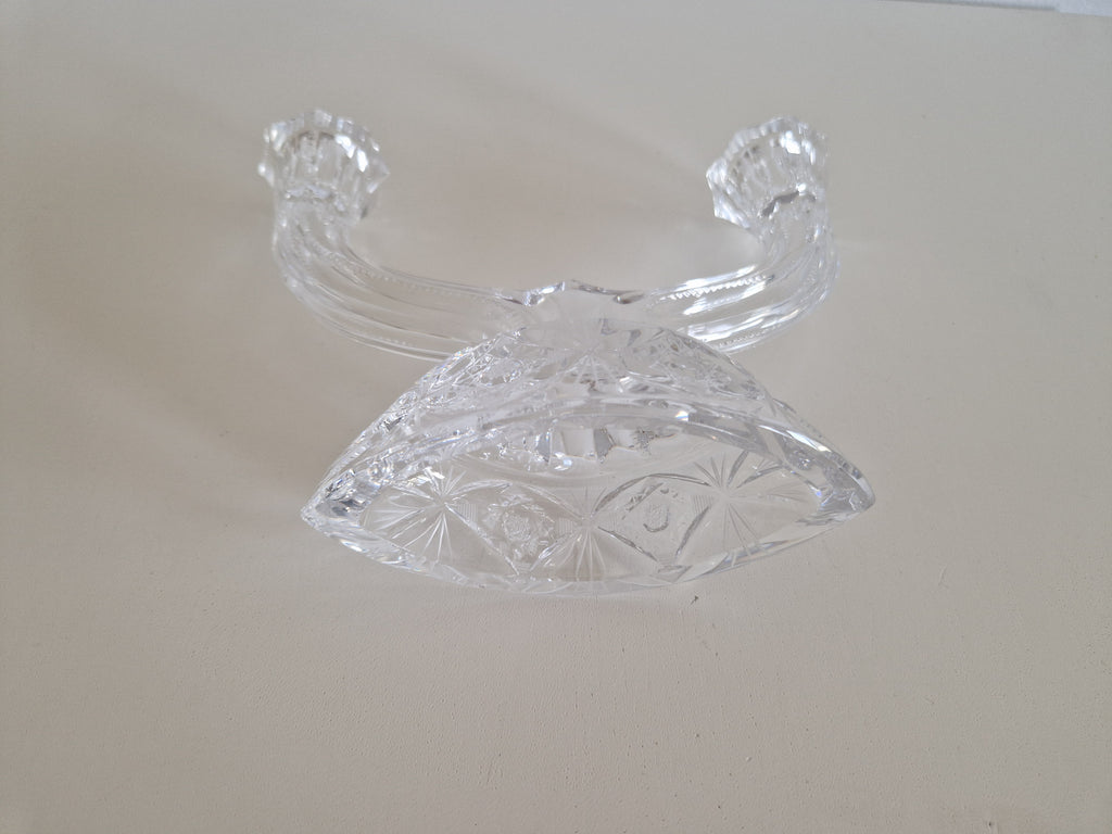 Vintage Hand-Cut Crystal Double Candelabra – Star & Fan Cut Base, Two-Arm Candlestick, 14 cm