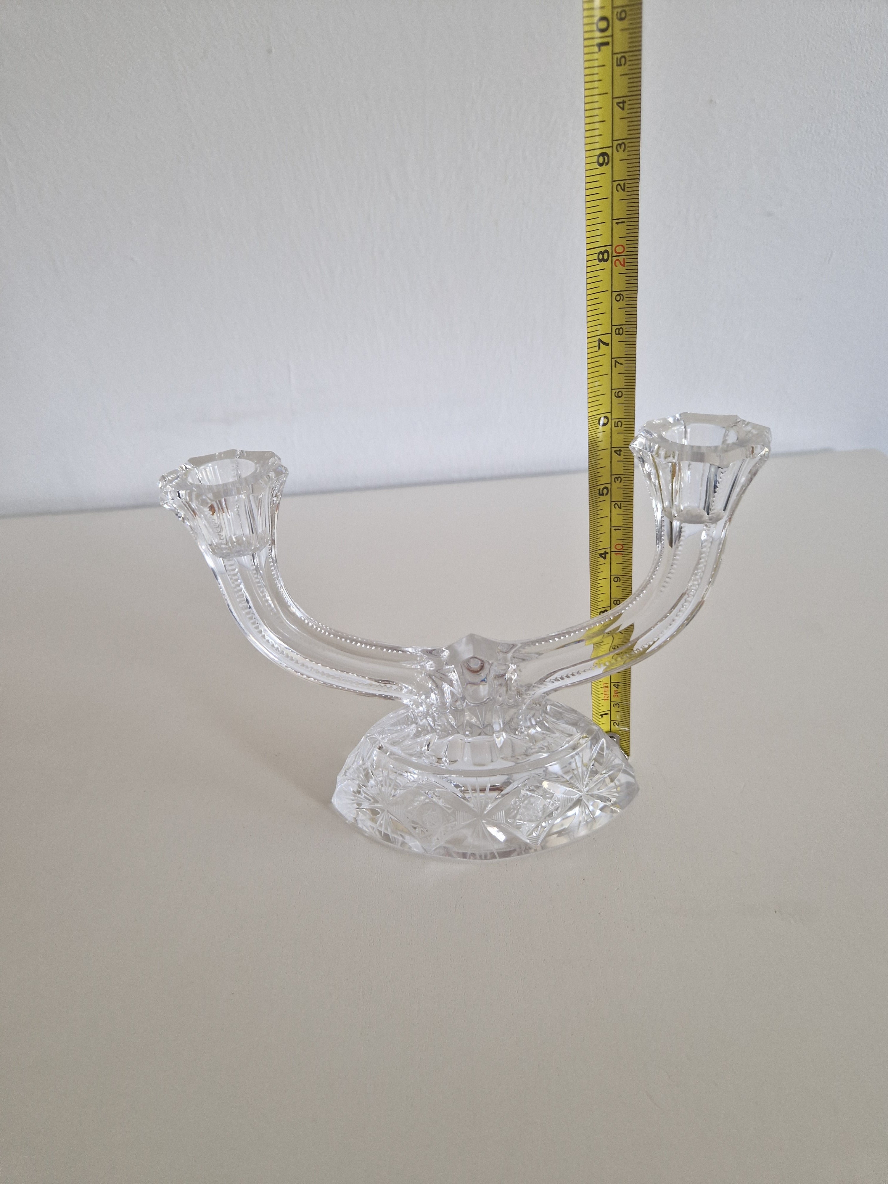 Vintage Hand-Cut Crystal Double Candelabra – Star & Fan Cut Base, Two-Arm Candlestick, 14 cm