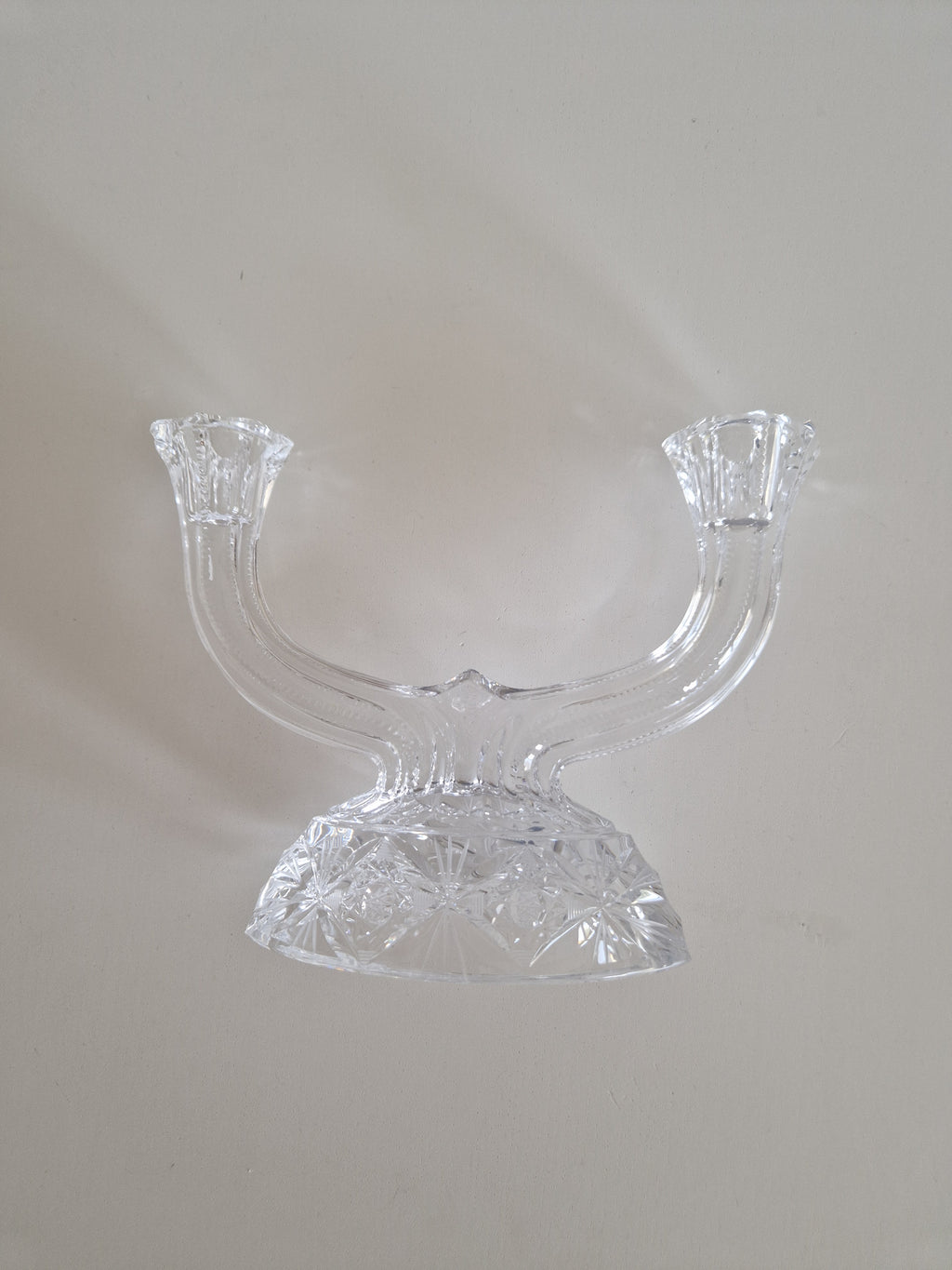 Vintage Hand-Cut Crystal Double Candelabra – Star & Fan Cut Base, Two-Arm Candlestick, 14 cm