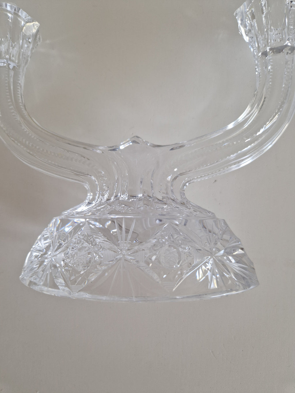 Vintage Hand-Cut Crystal Double Candelabra – Star & Fan Cut Base, Two-Arm Candlestick, 14 cm