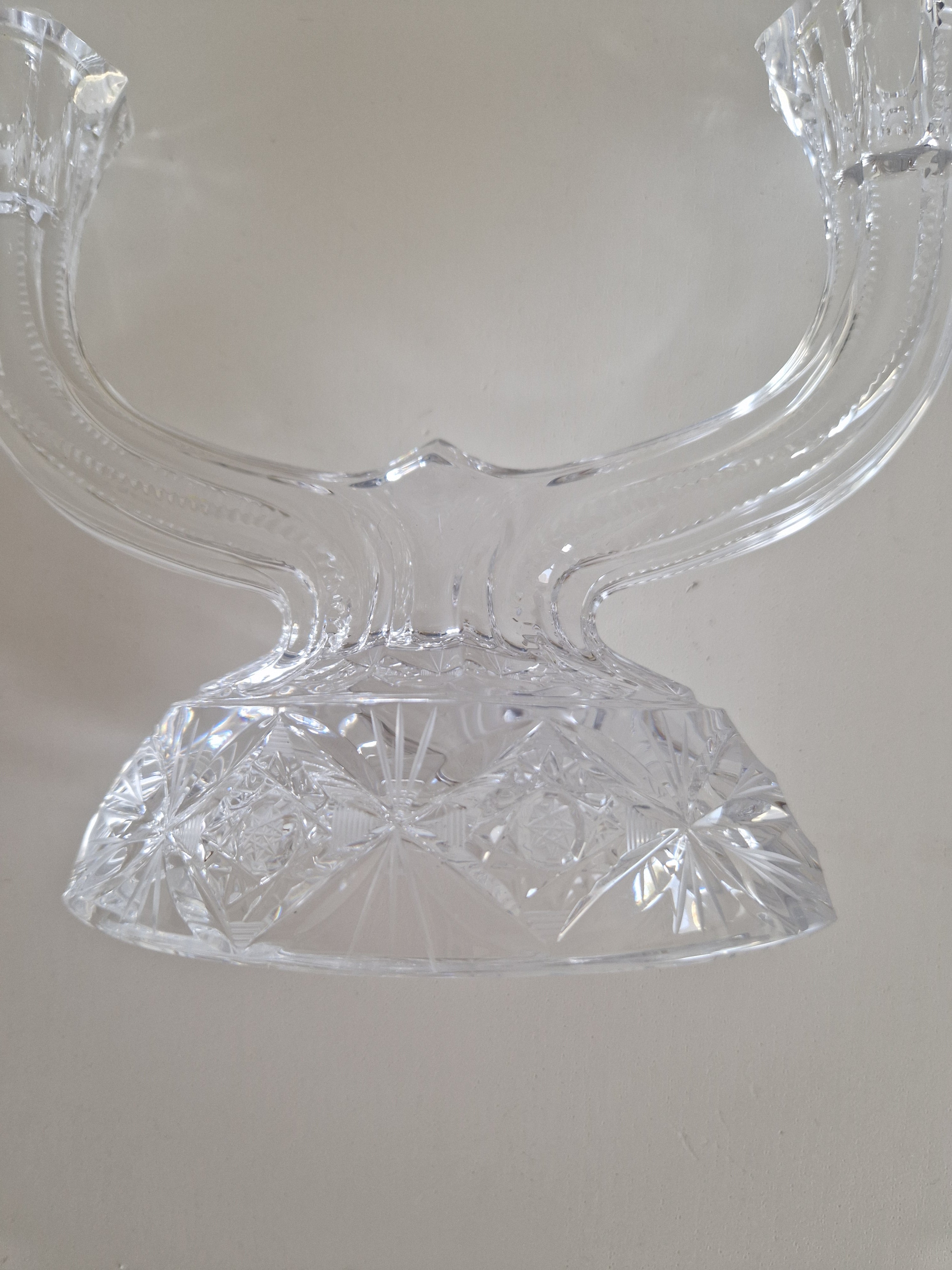 Vintage Hand-Cut Crystal Double Candelabra – Star & Fan Cut Base, Two-Arm Candlestick, 14 cm