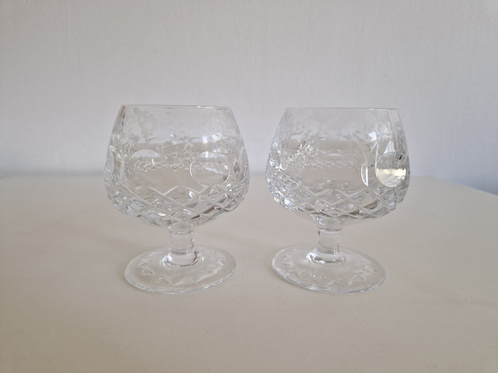 Pair of Vintage Hand-Cut Crystal Brandy Balloon Glasses – Diamond Cut, approx. 11 cm