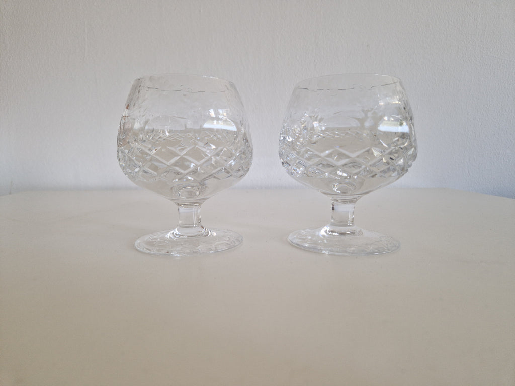 Pair of Vintage Hand-Cut Crystal Brandy Balloon Glasses – Diamond Cut, approx. 11 cm