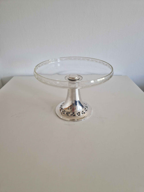 Art Nouveau Silver-Plated Cake Stand – Elegant 26cm Engraved Crystal Tazza