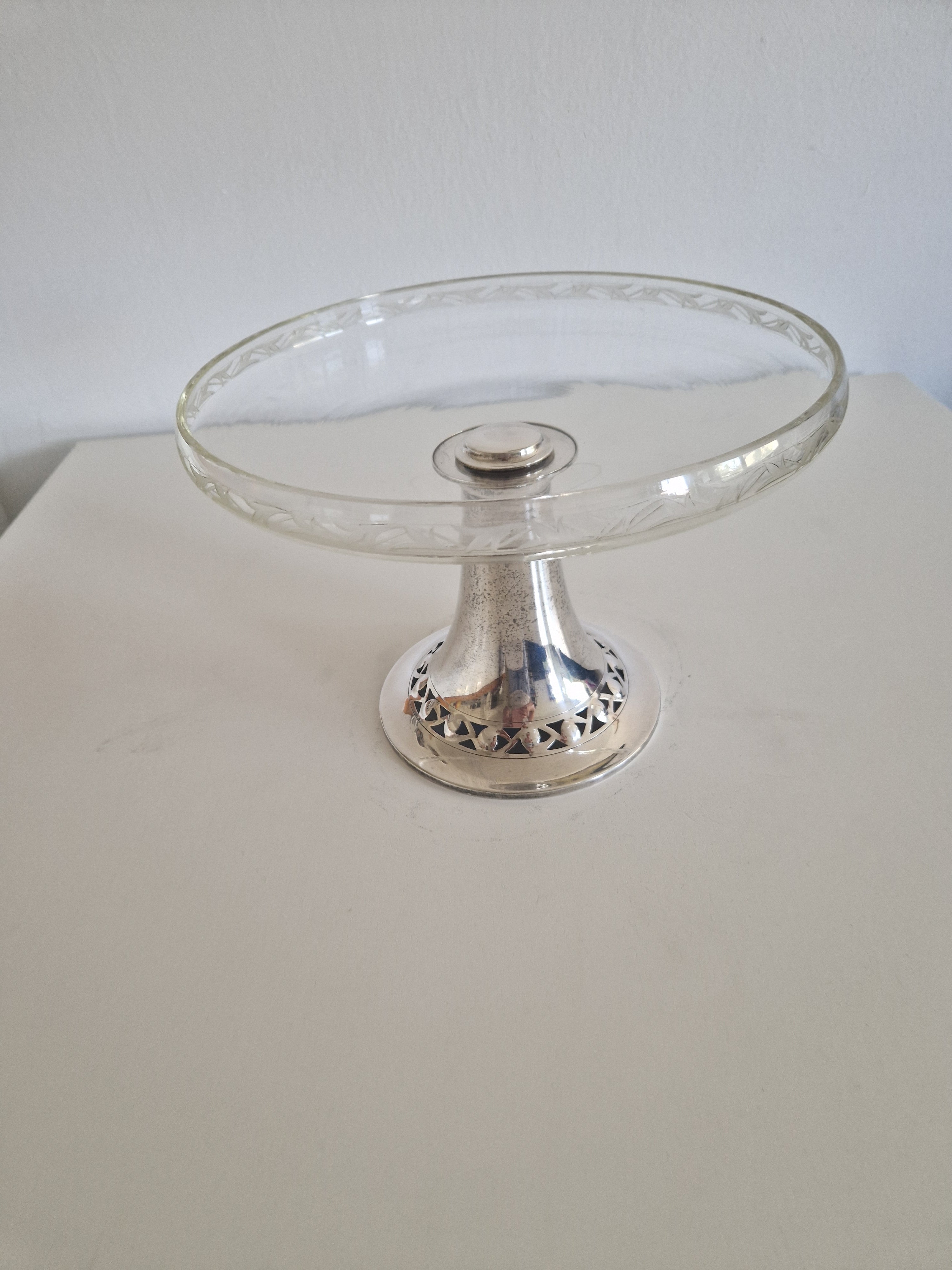 Vintage Silver-Plated & Engraved Crystal Cake Stand Tazza – Art Nouveau Style, 26 cm
