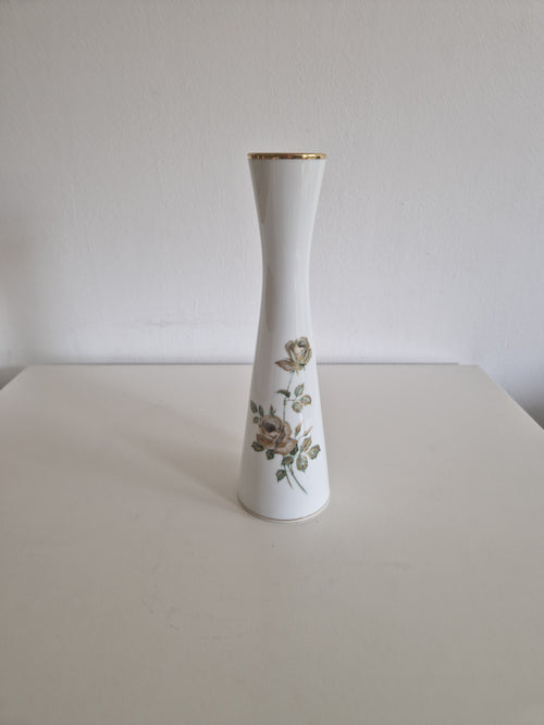 Alboth & Kaiser Bavaria "Kir" Porcelain Soliflore Vase – Gold Rim Rose Decor, 29 cm
