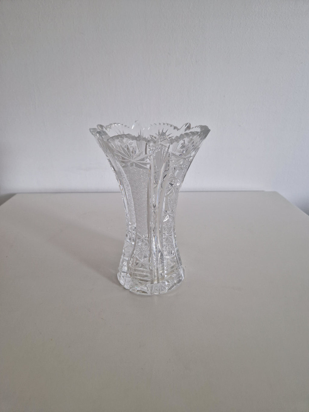 Vintage Bohemian Cut Crystal Trumpet Vase – Star, Fan & Diamond Pattern | Sawtooth Rim | 20 cm | Czech Crystal