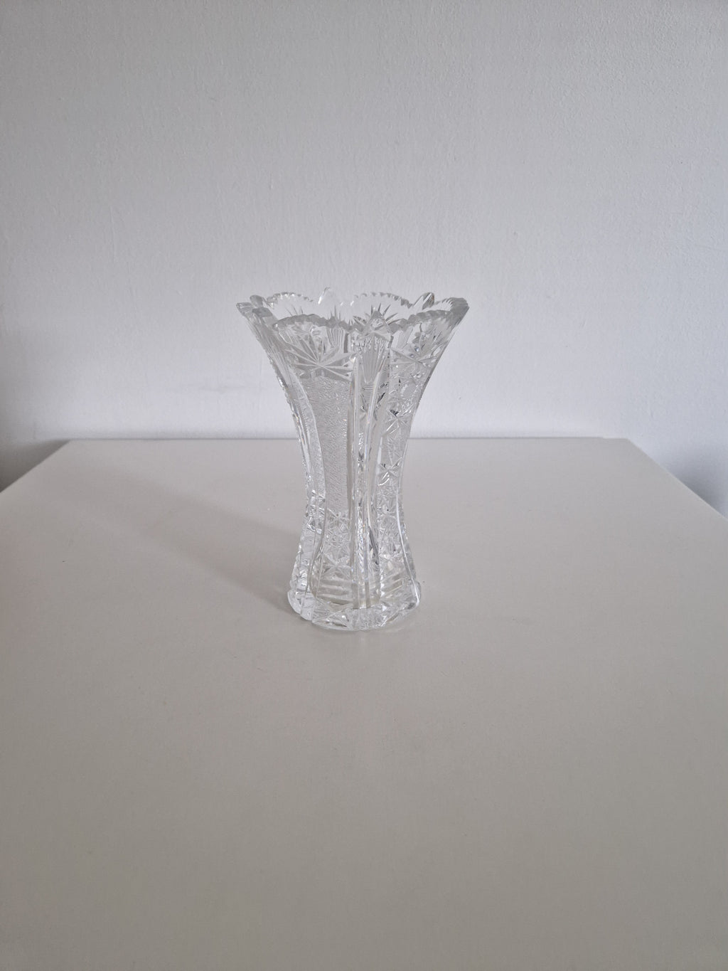 Vintage Bohemian Cut Crystal Trumpet Vase – Star, Fan & Diamond Pattern | Sawtooth Rim | 20 cm | Czech Crystal