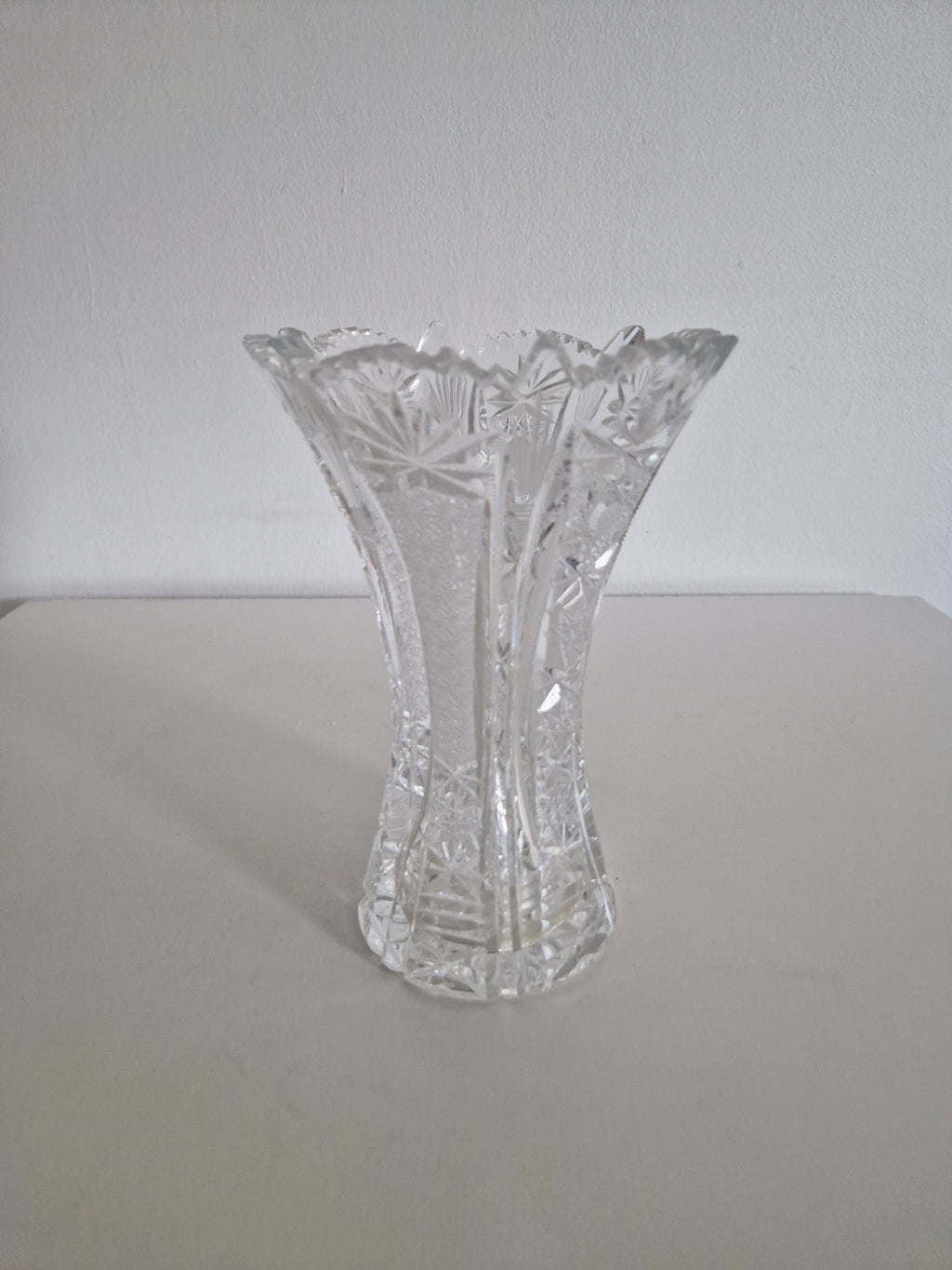 Vintage Bohemian Cut Crystal Trumpet Vase – Star, Fan & Diamond Pattern | Sawtooth Rim | 20 cm | Czech Crystal