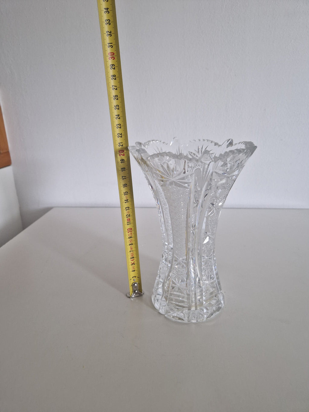 Vintage Bohemian Cut Crystal Trumpet Vase – Star, Fan & Diamond Pattern | Sawtooth Rim | 20 cm | Czech Crystal