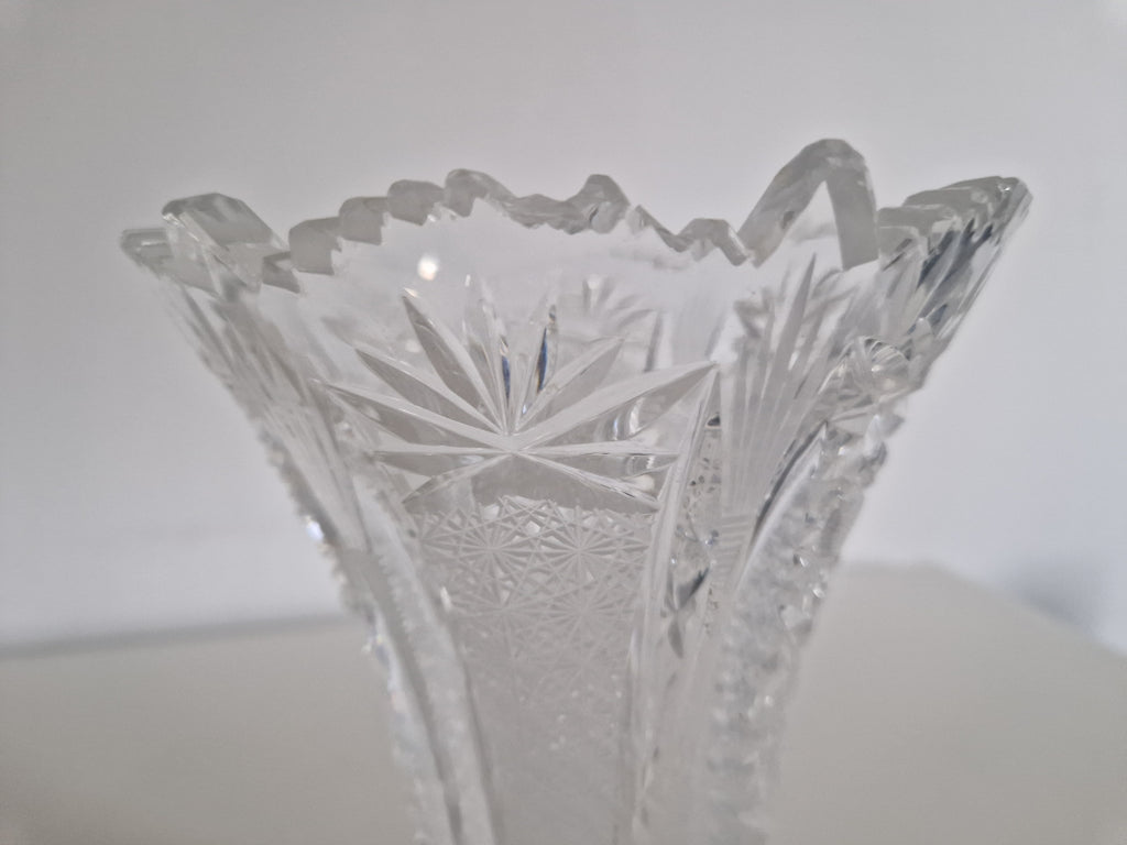 Vintage Bohemian Cut Crystal Trumpet Vase – Star, Fan & Diamond Pattern | Sawtooth Rim | 20 cm | Czech Crystal
