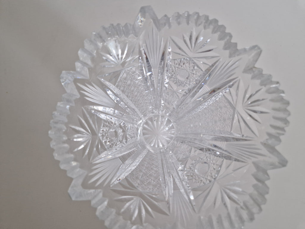 Vintage Bohemian Cut Crystal Trumpet Vase – Star, Fan & Diamond Pattern | Sawtooth Rim | 20 cm | Czech Crystal