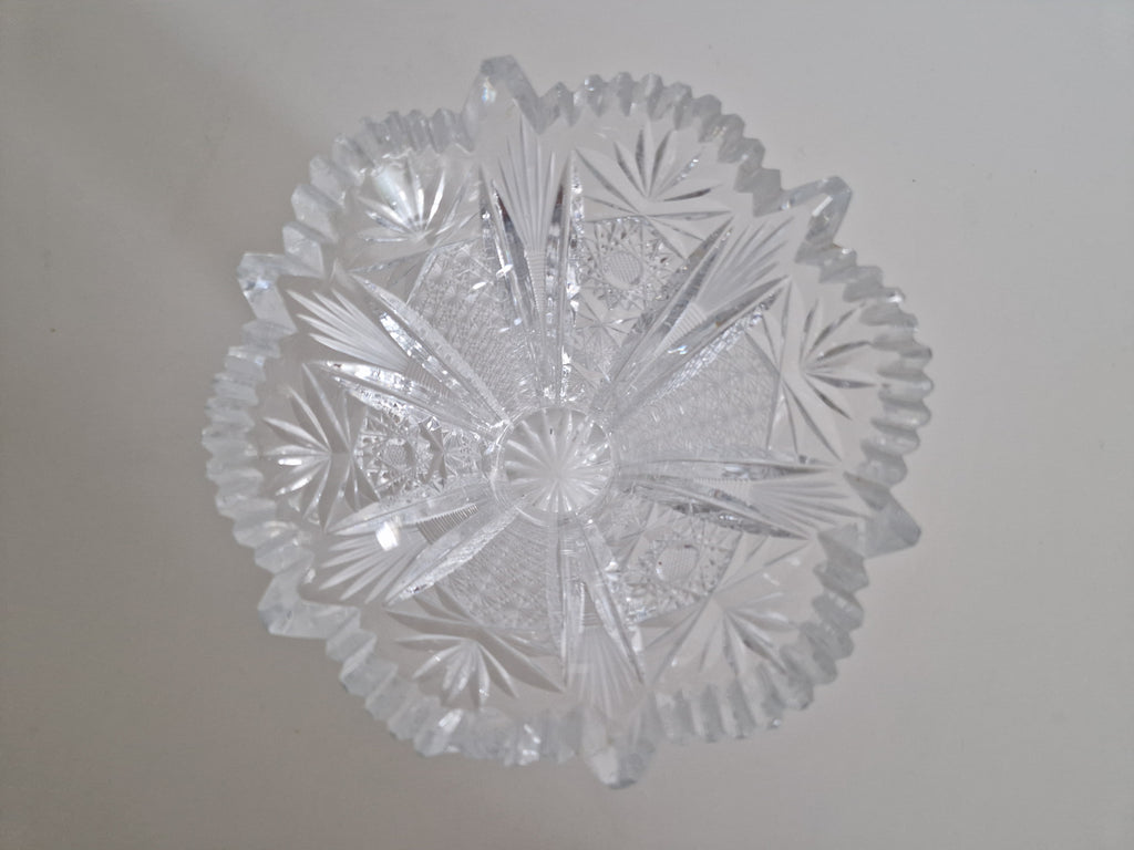 Vintage Bohemian Cut Crystal Trumpet Vase – Star, Fan & Diamond Pattern | Sawtooth Rim | 20 cm | Czech Crystal