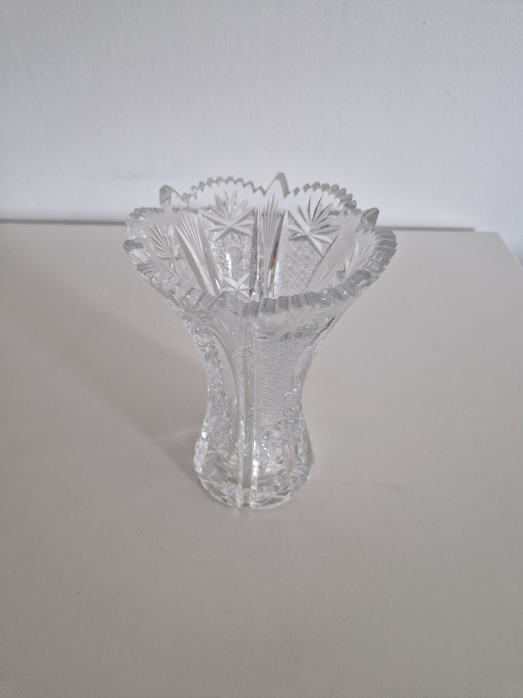 Vintage Bohemian Cut Crystal Trumpet Vase – Star, Fan & Diamond Pattern | Sawtooth Rim | 20 cm | Czech Crystal