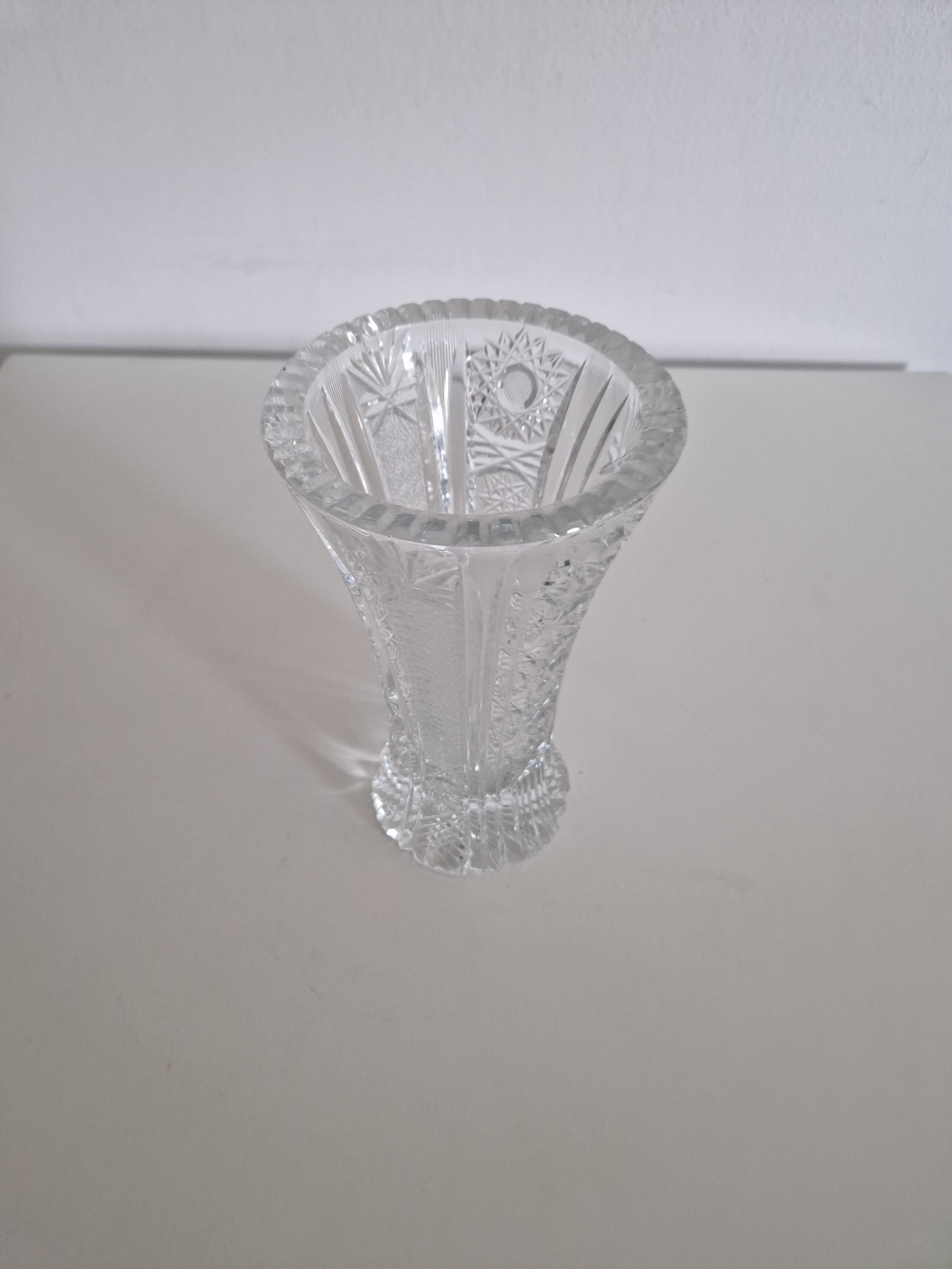 Vintage Bohemian Cut Crystal Trumpet Vase – Pinwheel Star, Fan & Floral Engraving | Sawtooth Rim | 20 cm | Czech Crystal