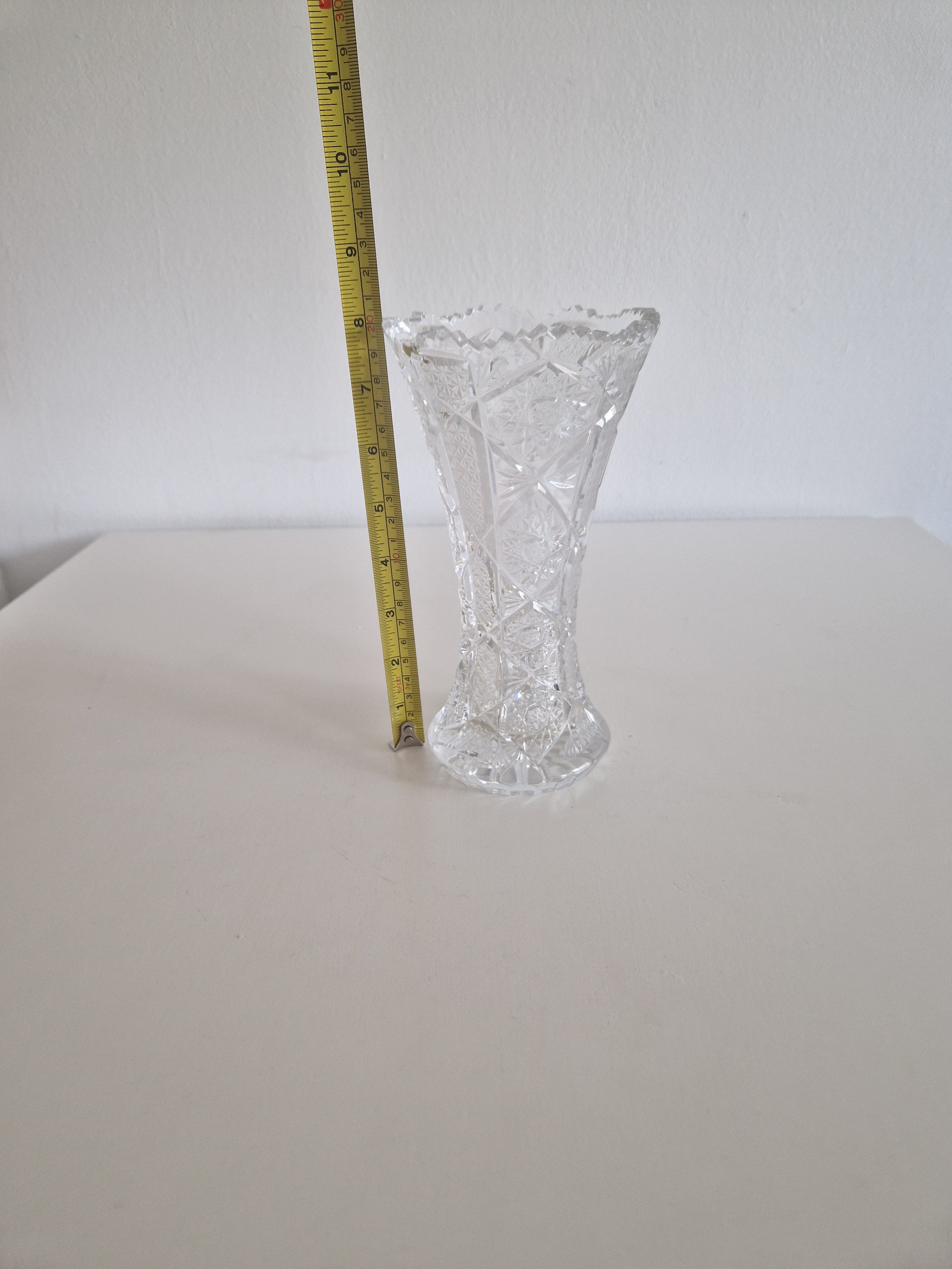 Vintage cut crystal hourglass vase — top view with tape measure showing rim diameter approx. 10 cm