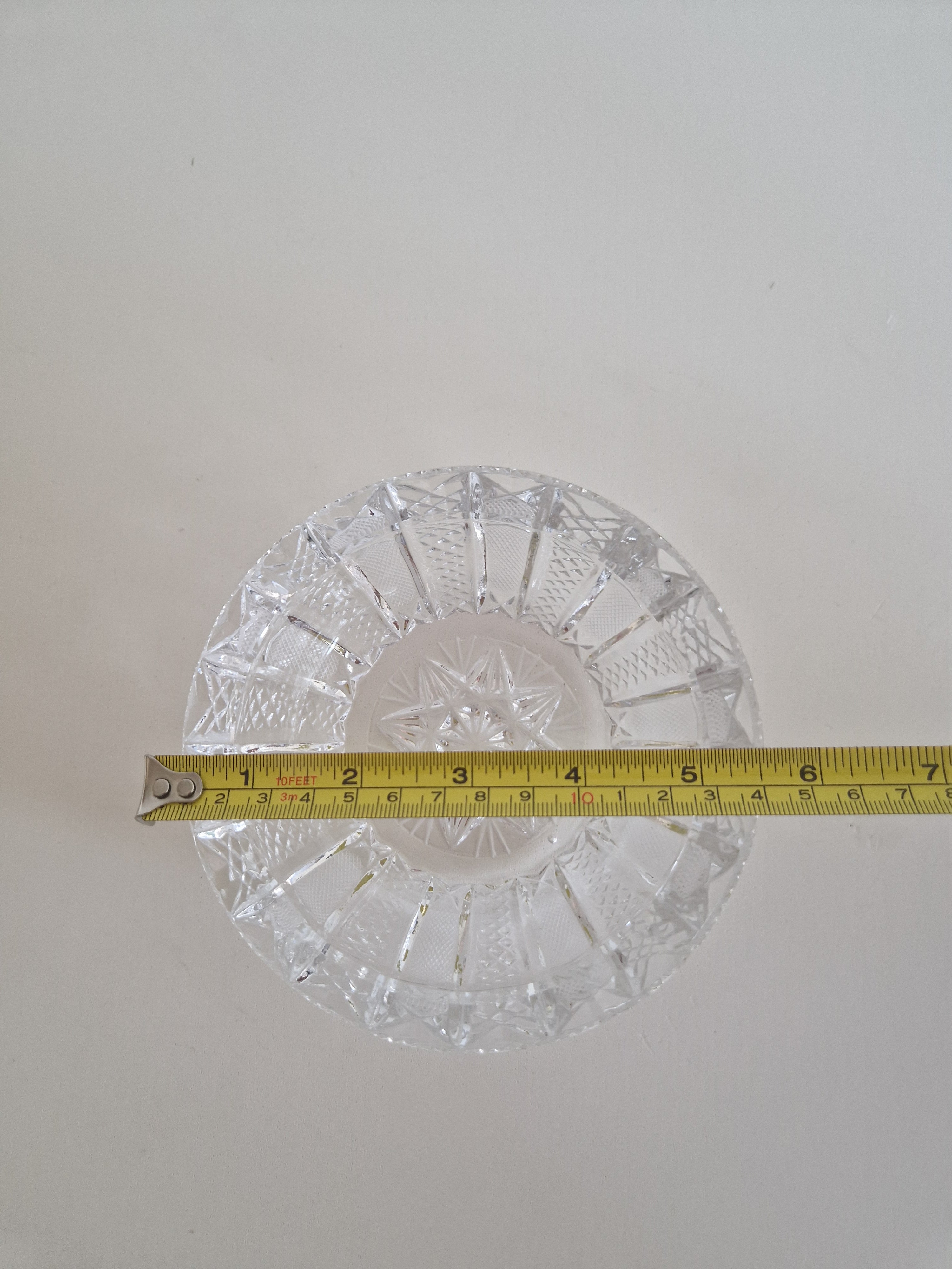 Vintage cut crystal bowl — side view showing height approx. 4 cm and beaded rim