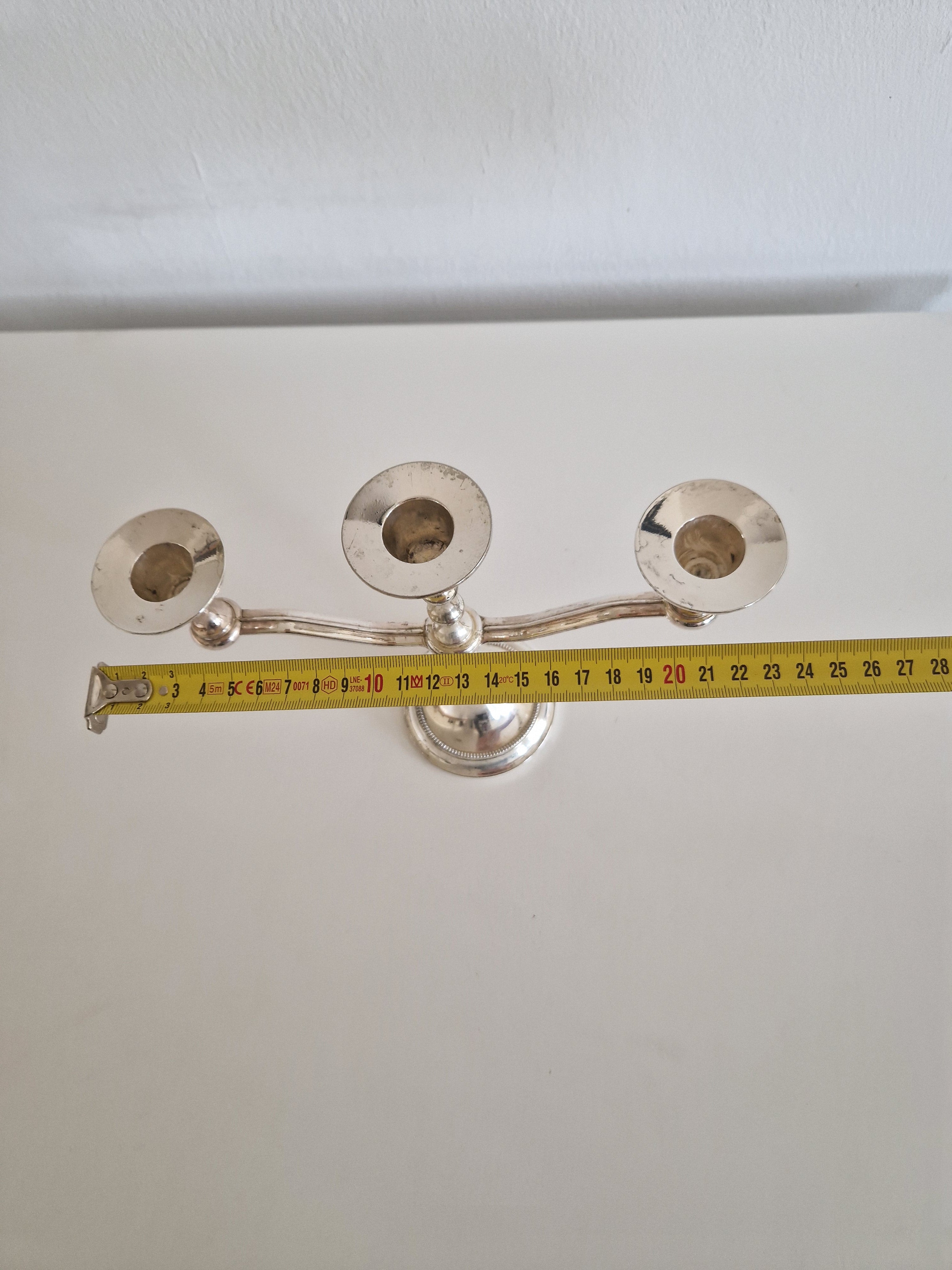 Bougeoir Vintage en Argent Plaqué à 3 Bras – Tige en Balustre, Base Perlé, 21 cm