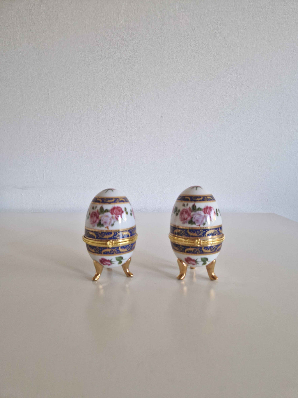 Elegant Antique Porcelain Egg Trinket Boxes - Hand-Painted Rose Pair for Timeless Decor