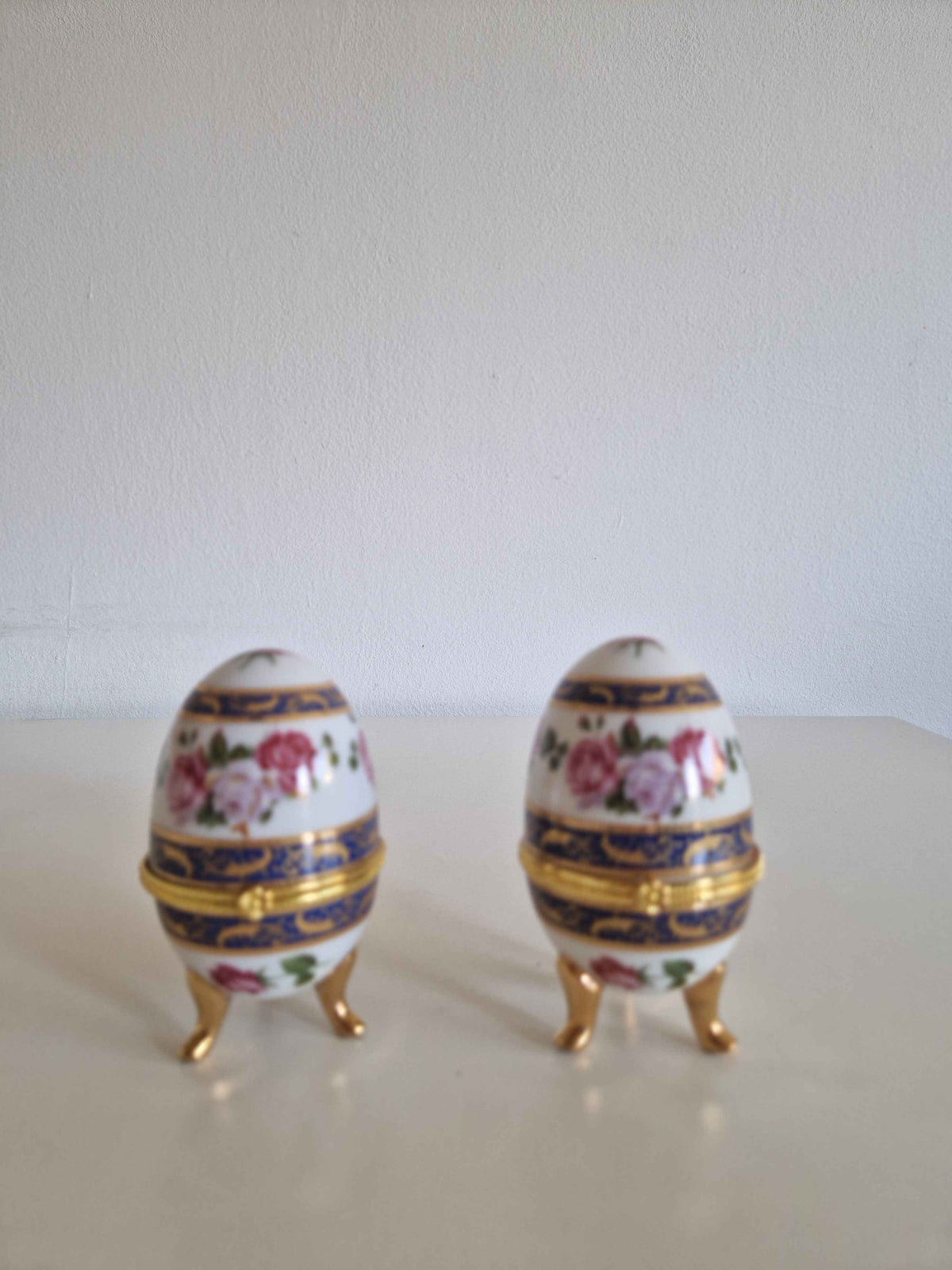 Elegant Antique Porcelain Egg Trinket Boxes - Hand-Painted Rose Pair for Timeless Decor