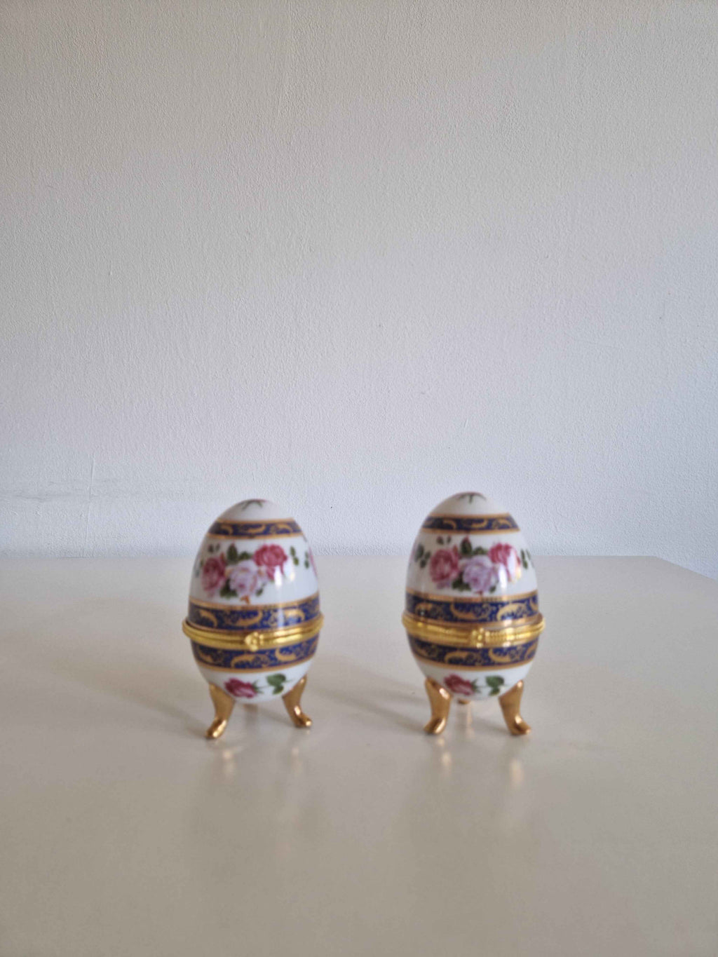 Elegant Antique Porcelain Egg Trinket Boxes - Hand-Painted Rose Pair for Timeless Decor