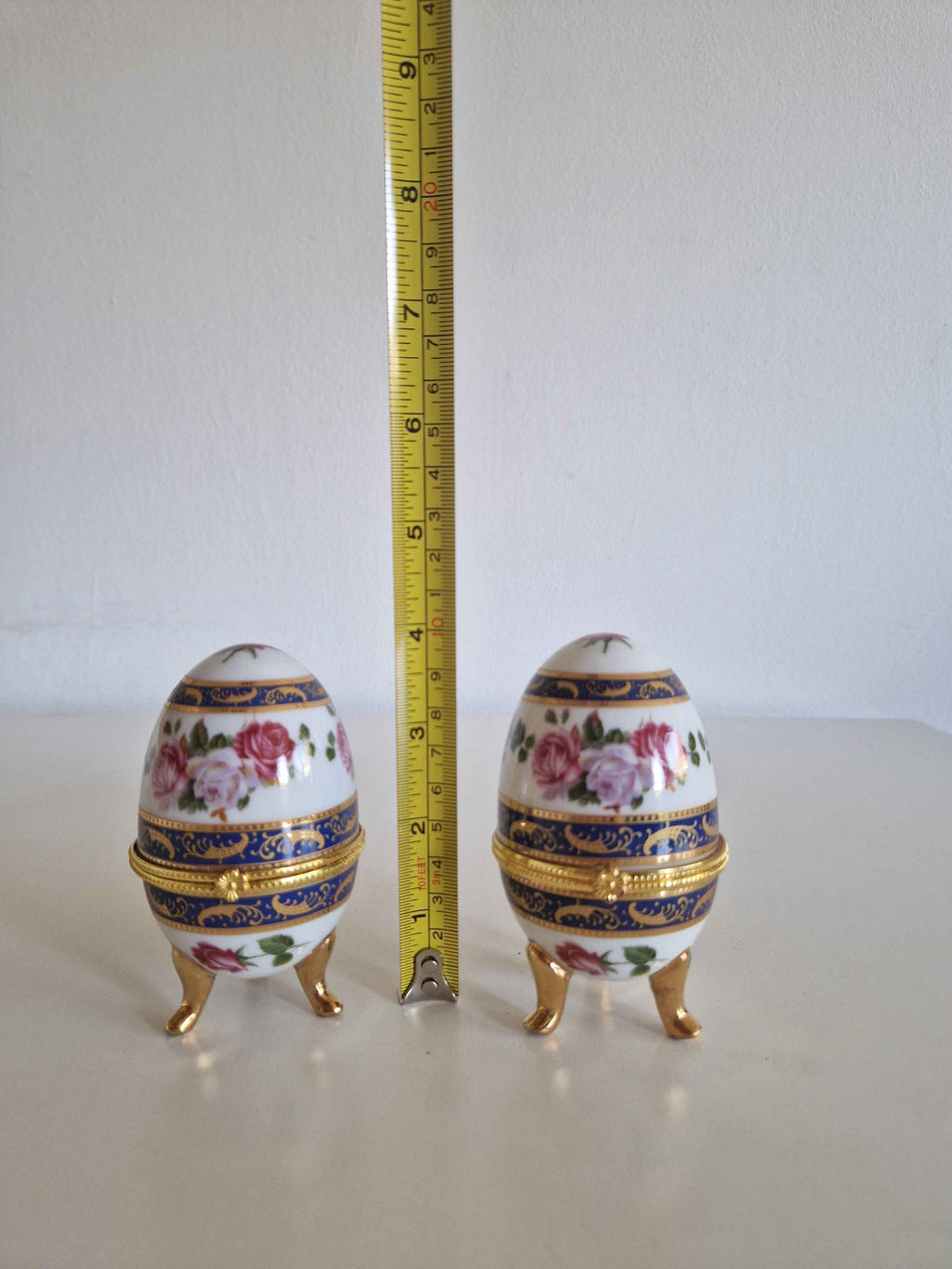 Elegant Antique Porcelain Egg Trinket Boxes - Hand-Painted Rose Pair for Timeless Decor