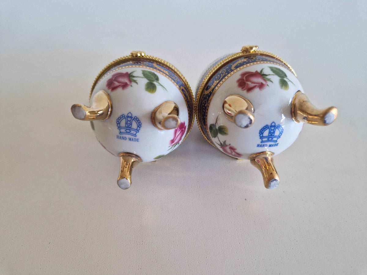 Elegant Antique Porcelain Egg Trinket Boxes - Hand-Painted Rose Pair for Timeless Decor