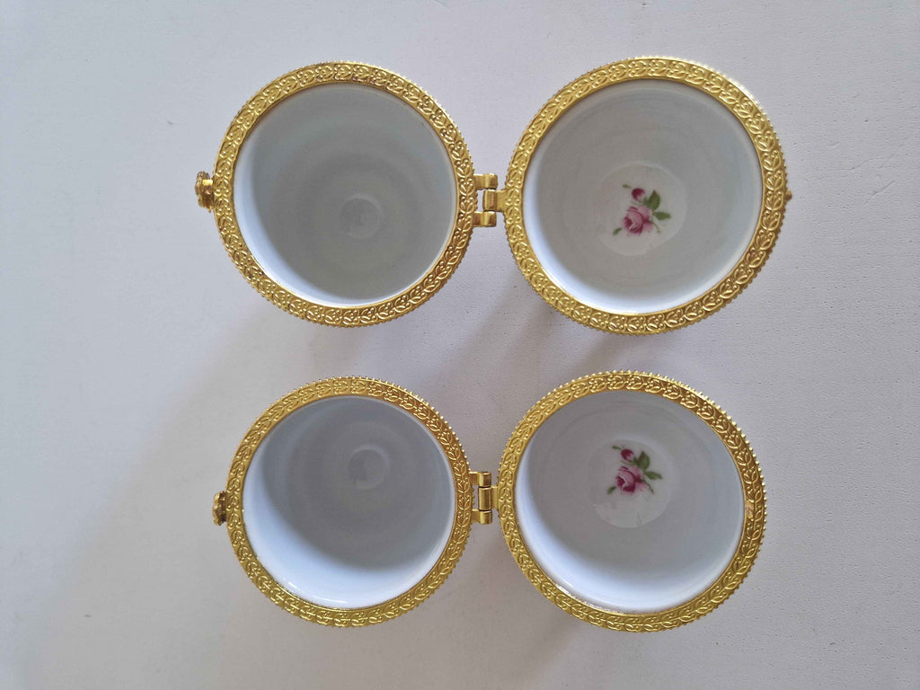 Elegant Antique Porcelain Egg Trinket Boxes - Hand-Painted Rose Pair for Timeless Decor