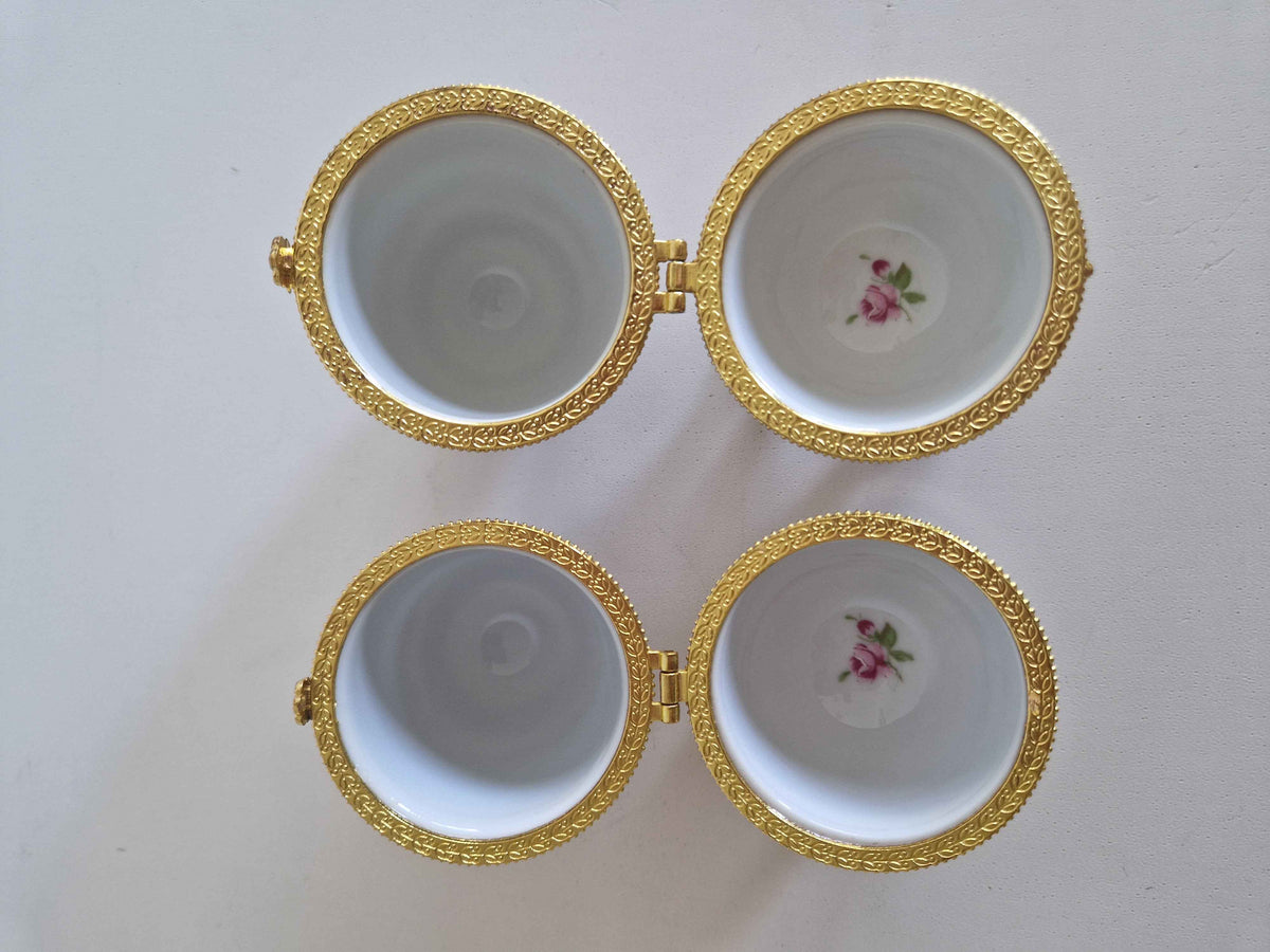 Elegant Antique Porcelain Egg Trinket Boxes - Hand-Painted Rose Pair for Timeless Decor