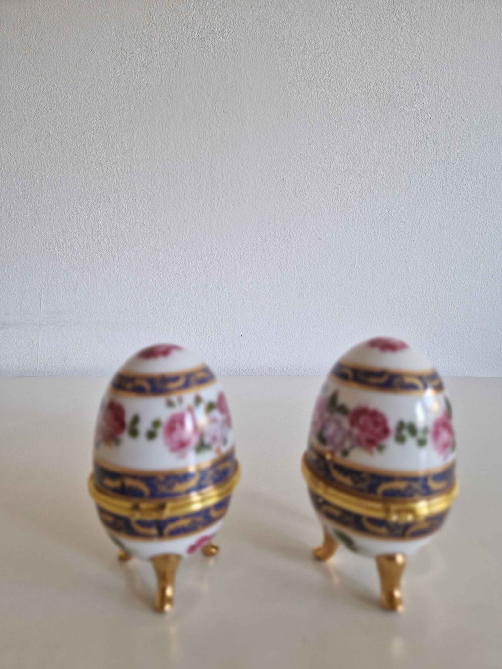 Elegant Antique Porcelain Egg Trinket Boxes - Hand-Painted Rose Pair for Timeless Decor