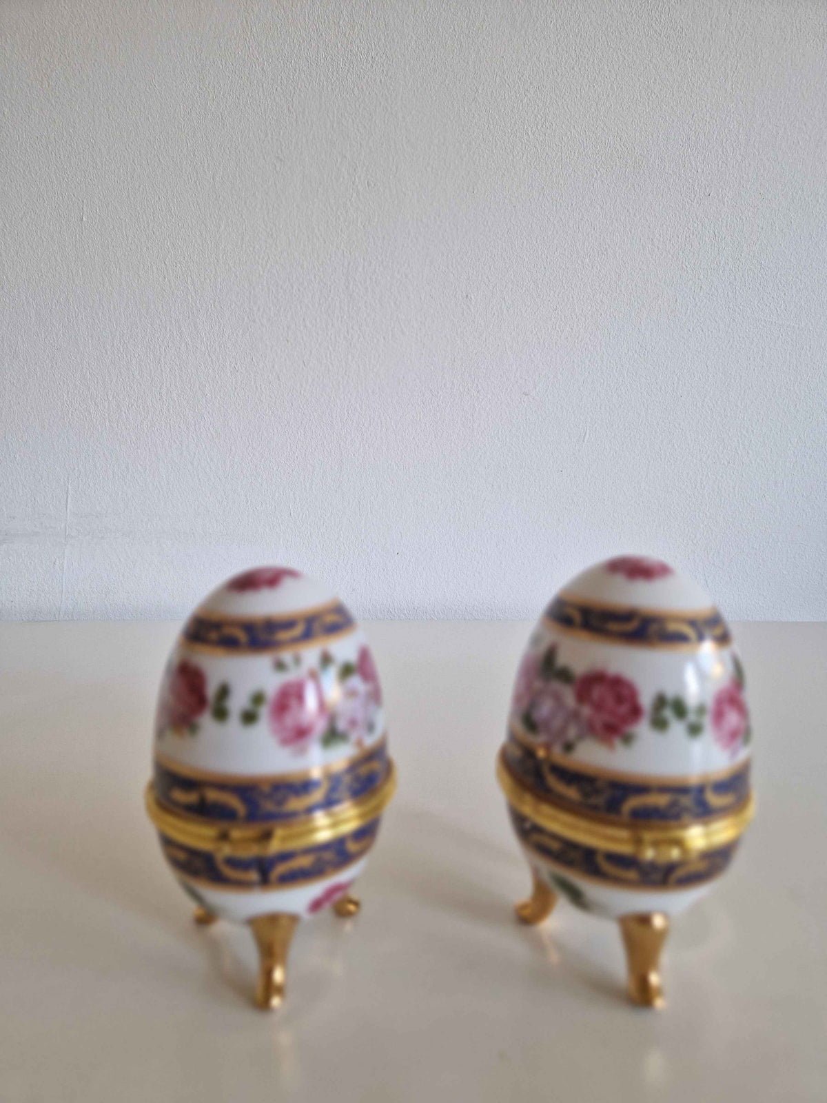 Elegant Antique Porcelain Egg Trinket Boxes - Hand-Painted Rose Pair for Timeless Decor