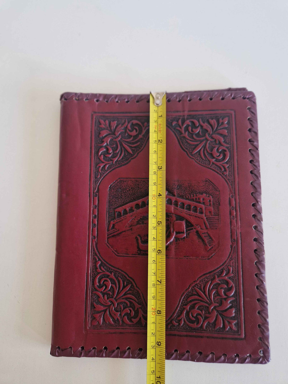 Vintage Leather Book Cover: Hand-Stitched Burgundy Rialto Bridge Design for Timeless Elegance