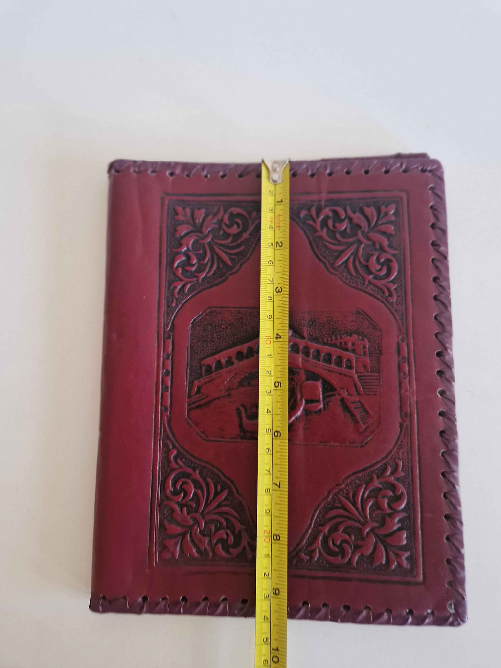 Vintage Leather Book Cover: Hand-Stitched Burgundy Rialto Bridge Design for Timeless Elegance